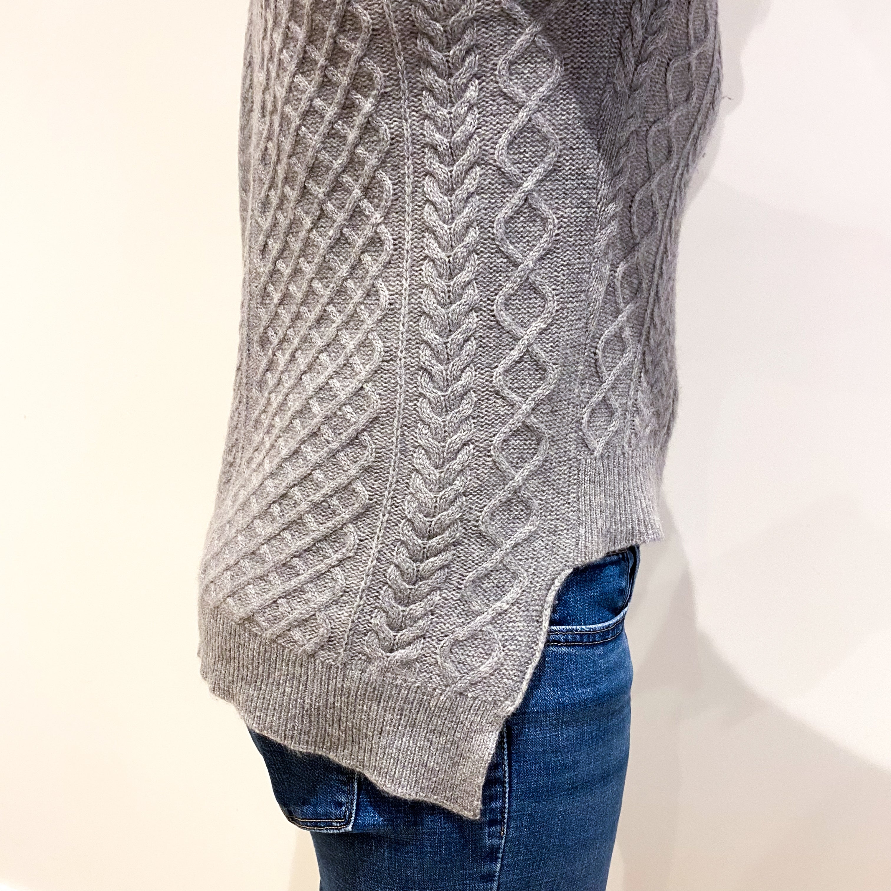 Ash Grey Cashmere Crew Neck All Over Cable Knit Jumper Medium