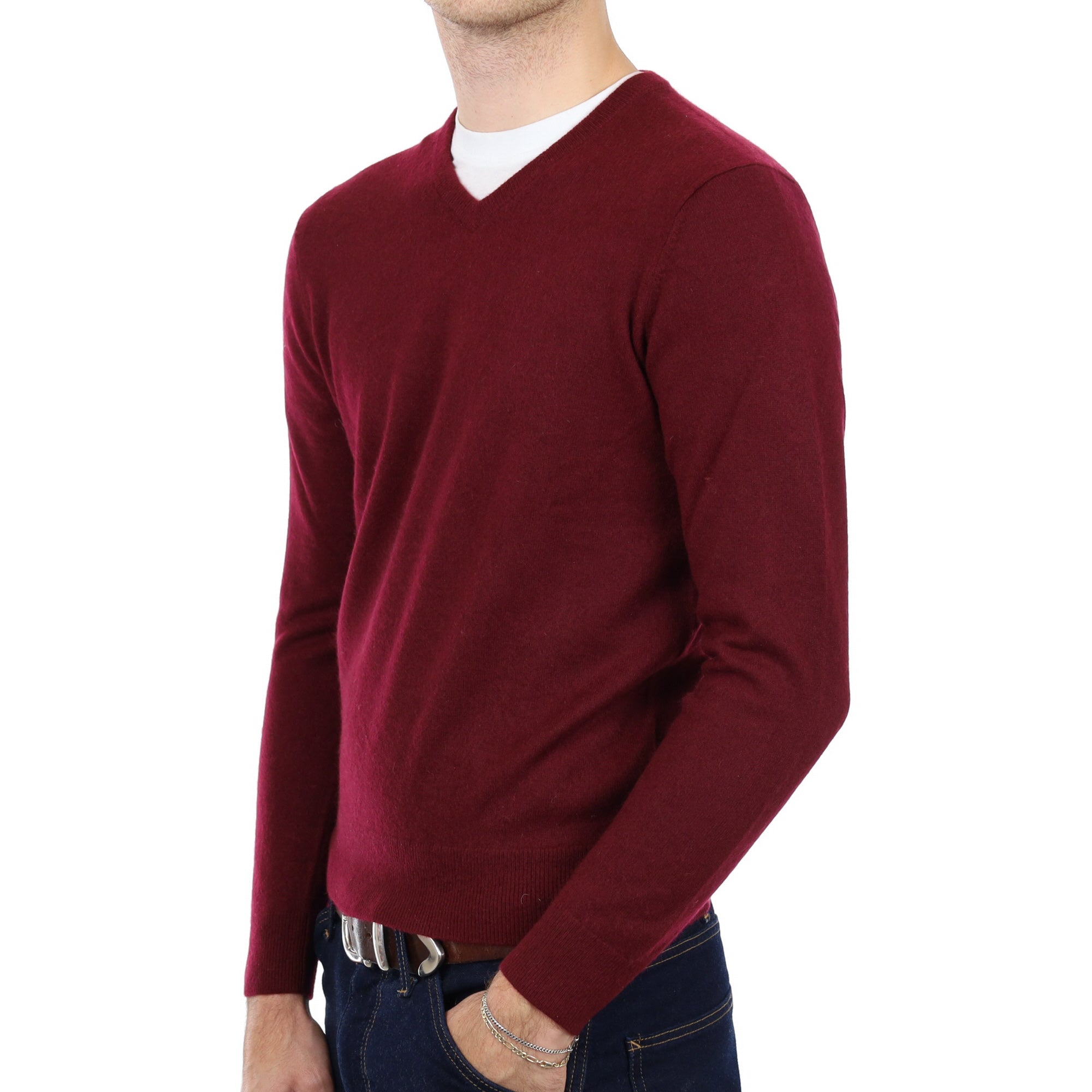Men's Deep Burgundy Red Cashmere V Neck Jumper Medium