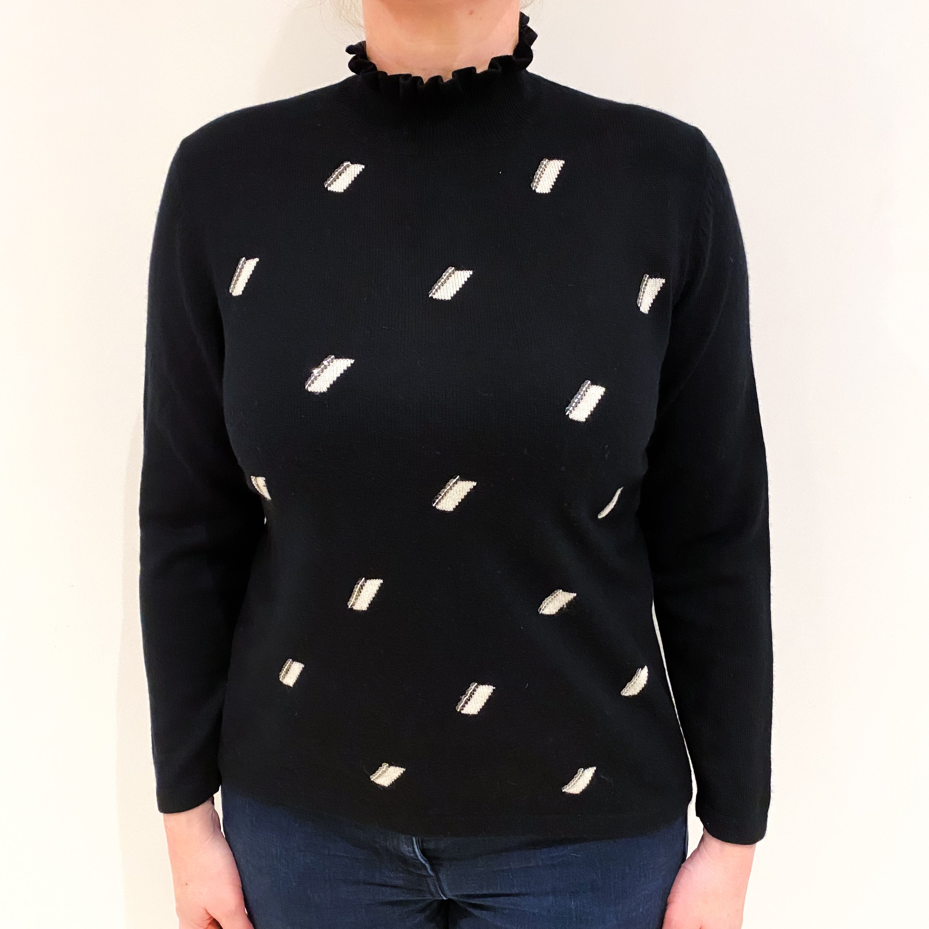 Black Cashmere Ruffle Turtle Neck Jumper Large