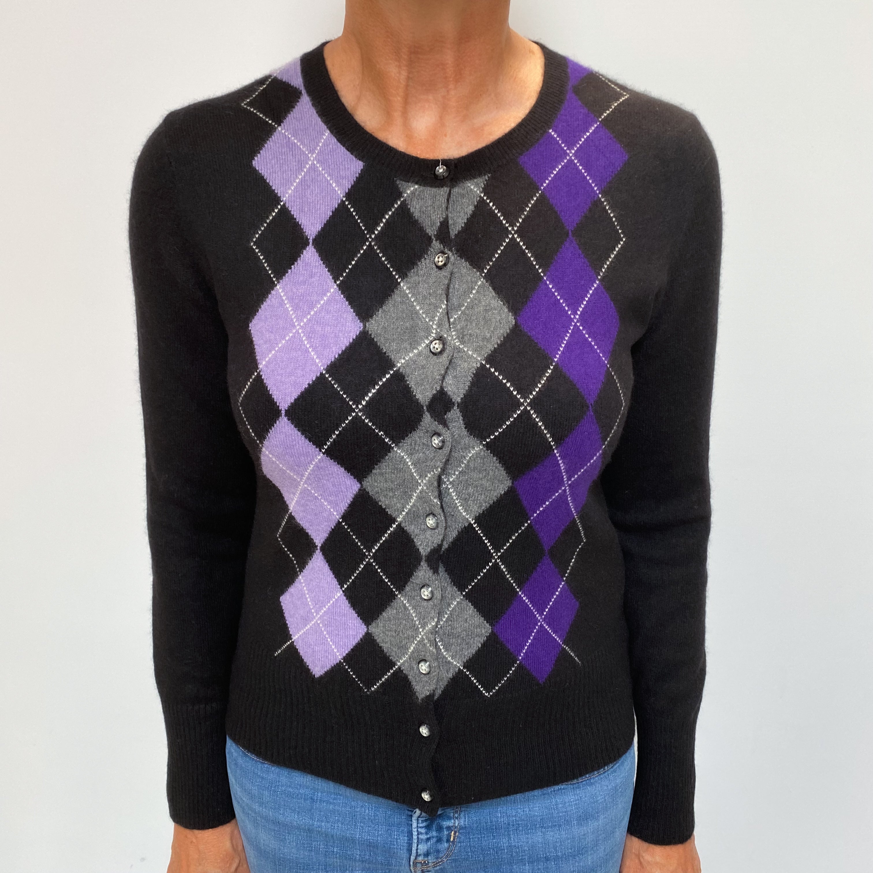Black And Purple Argyle Cashmere Crew Neck Cardigan Medium