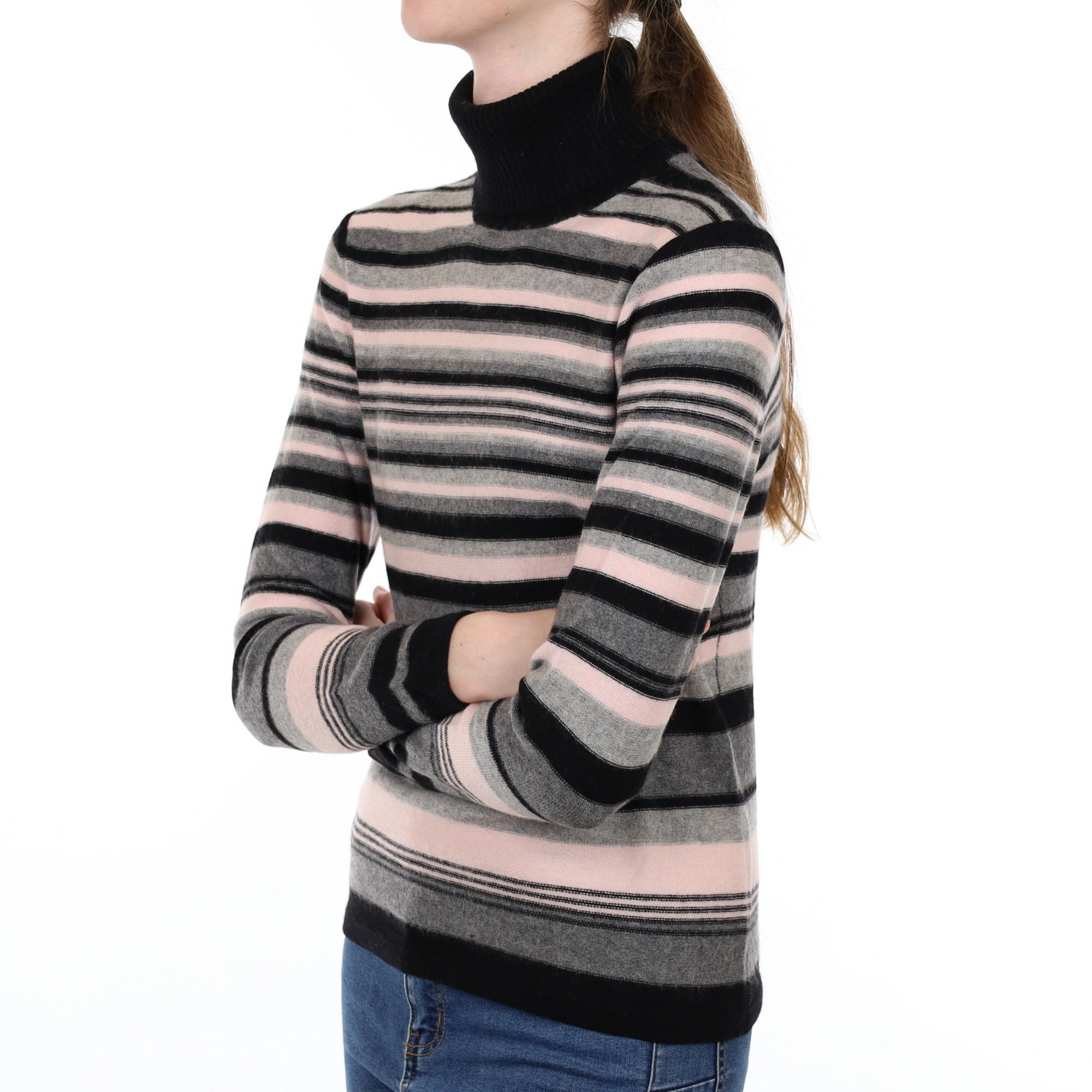 Grey and Pink Striped Cashmere Polo Neck Jumper Extra Small