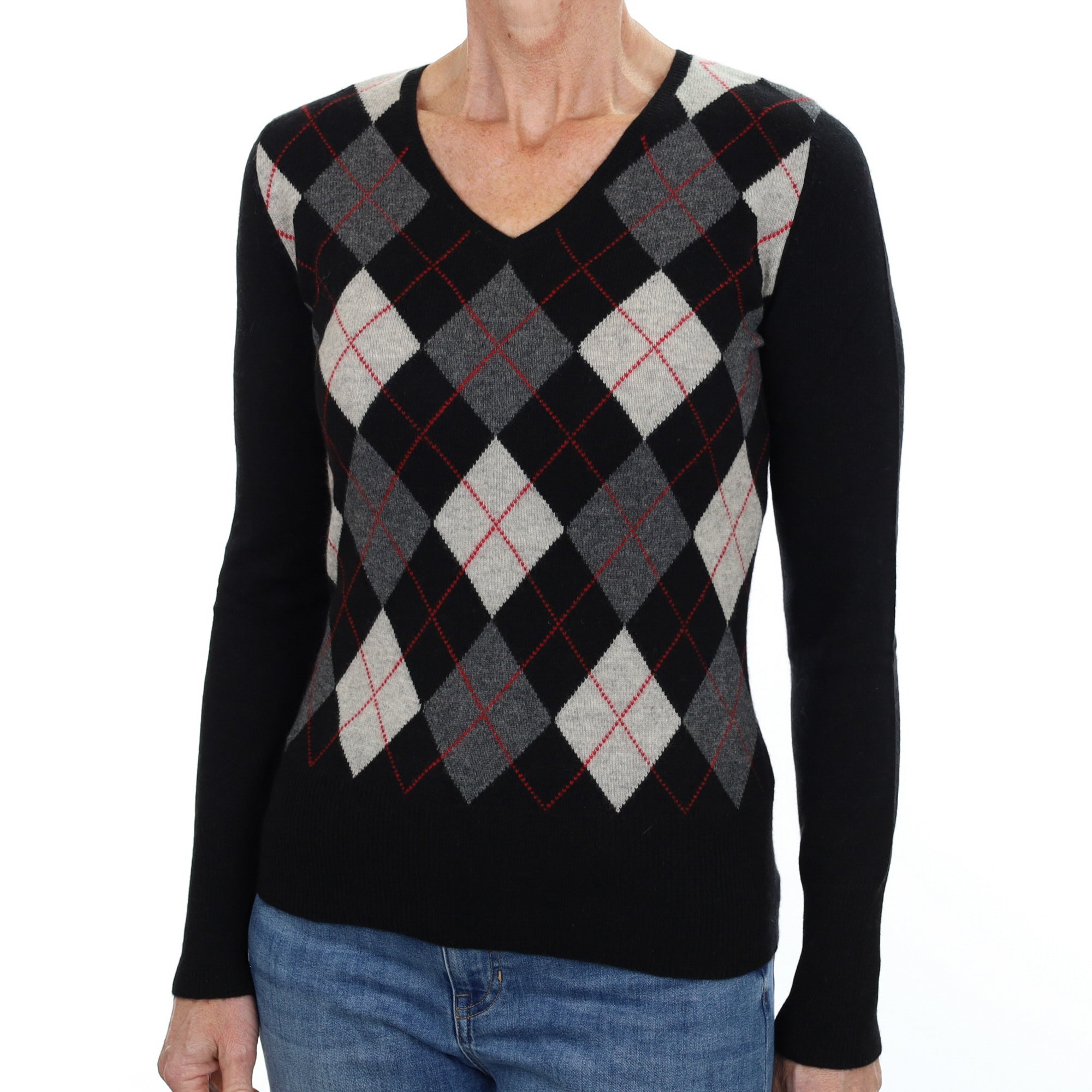 Black Argyle Cashmere V Neck Jumper Small