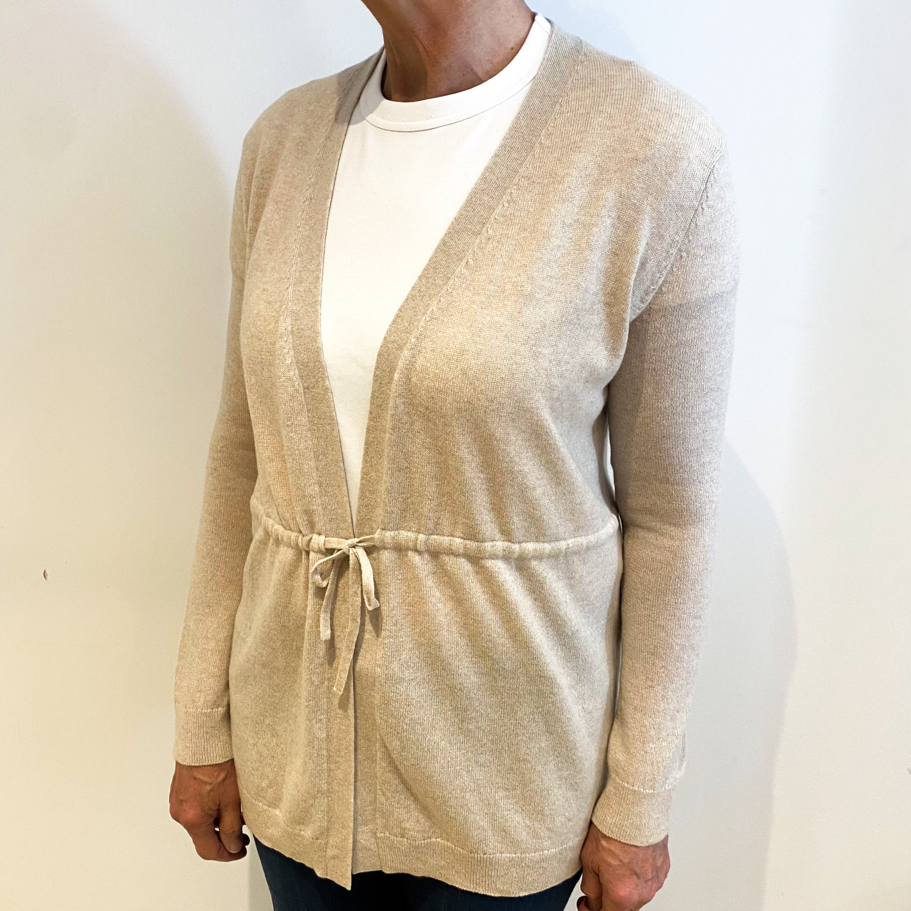 Oatmeal Beige Cashmere Belted Cardigan Medium