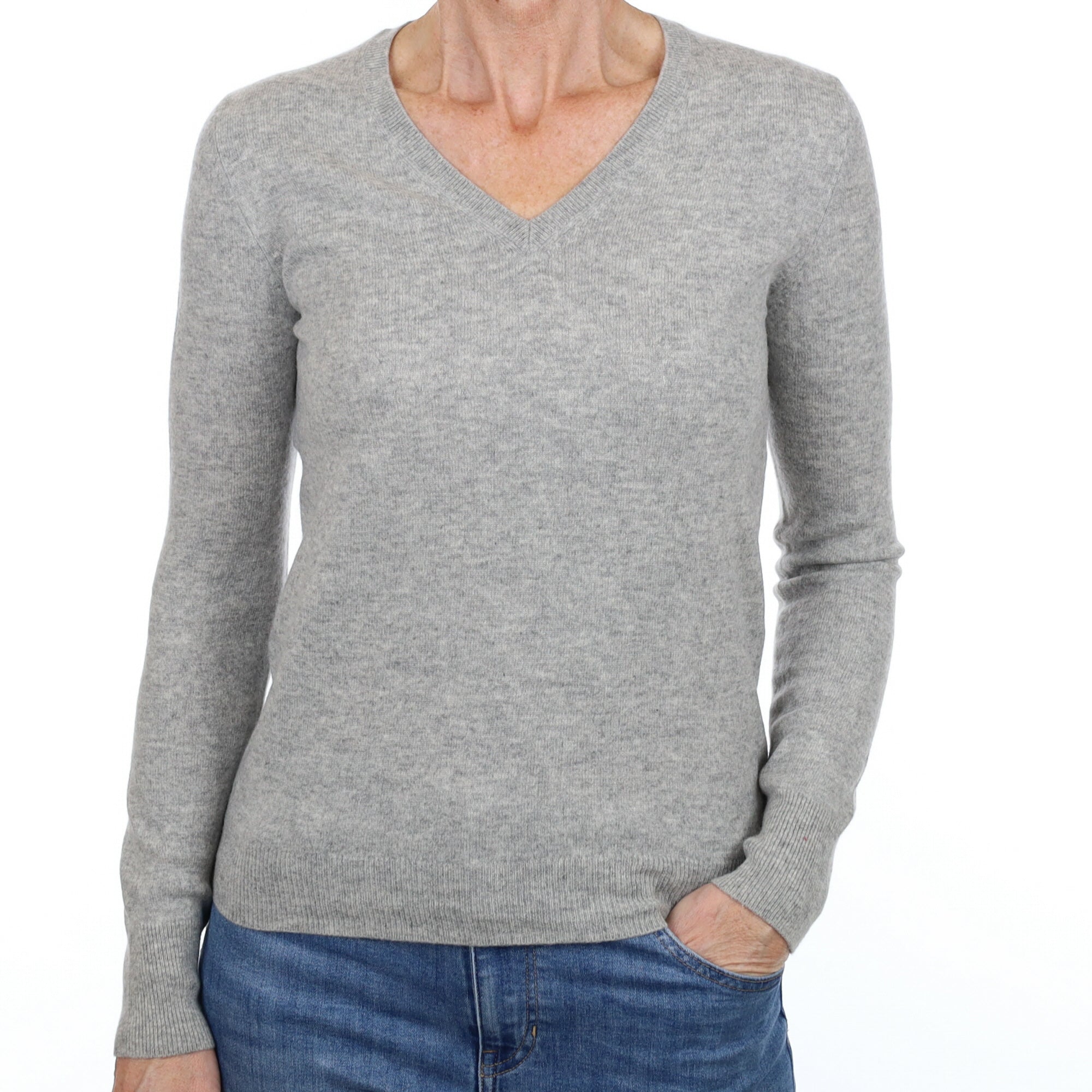 Mist Grey Cashmere V Neck Jumper Small
