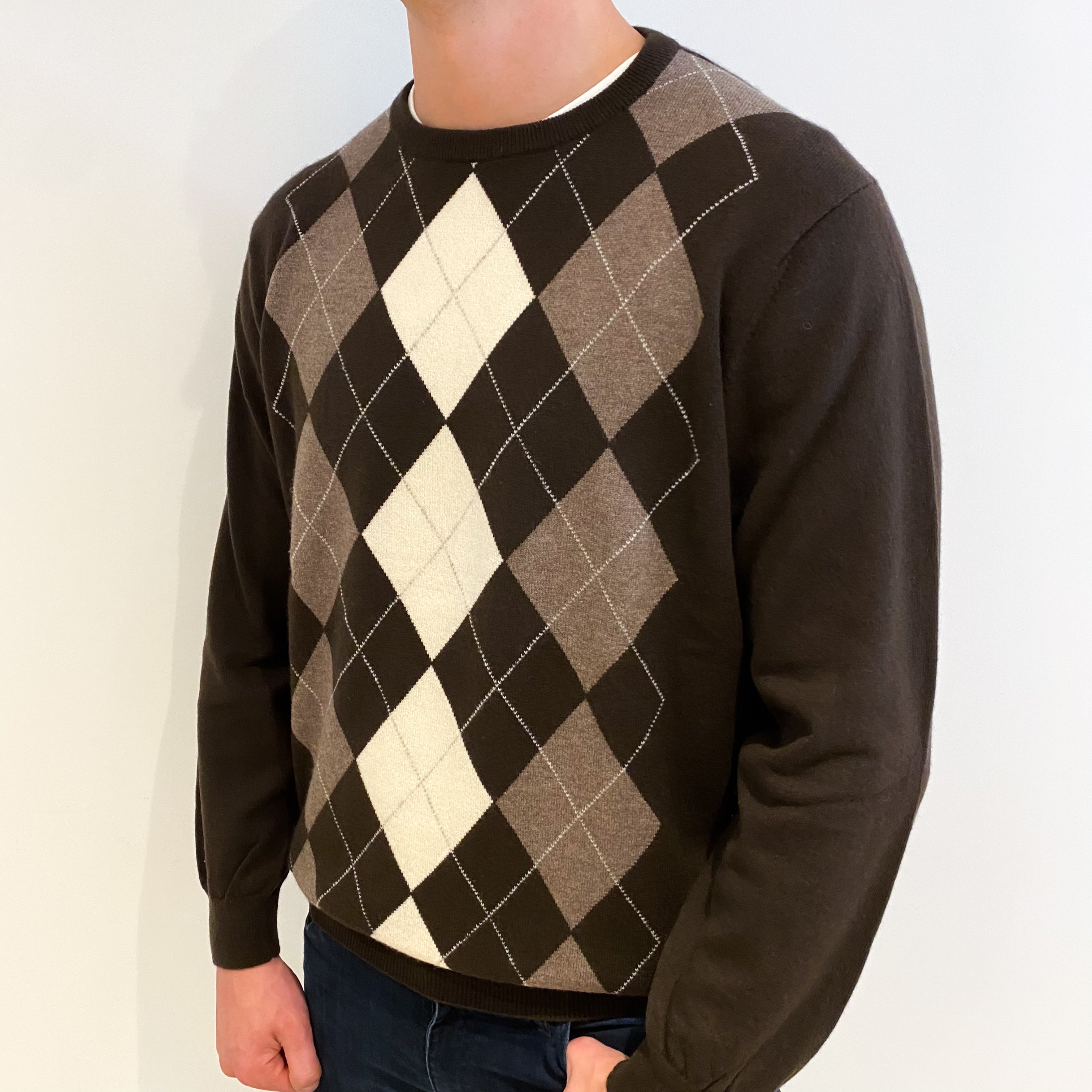 Men's Chocolate Brown Diamond Cashmere Crew Neck Jumper XXL