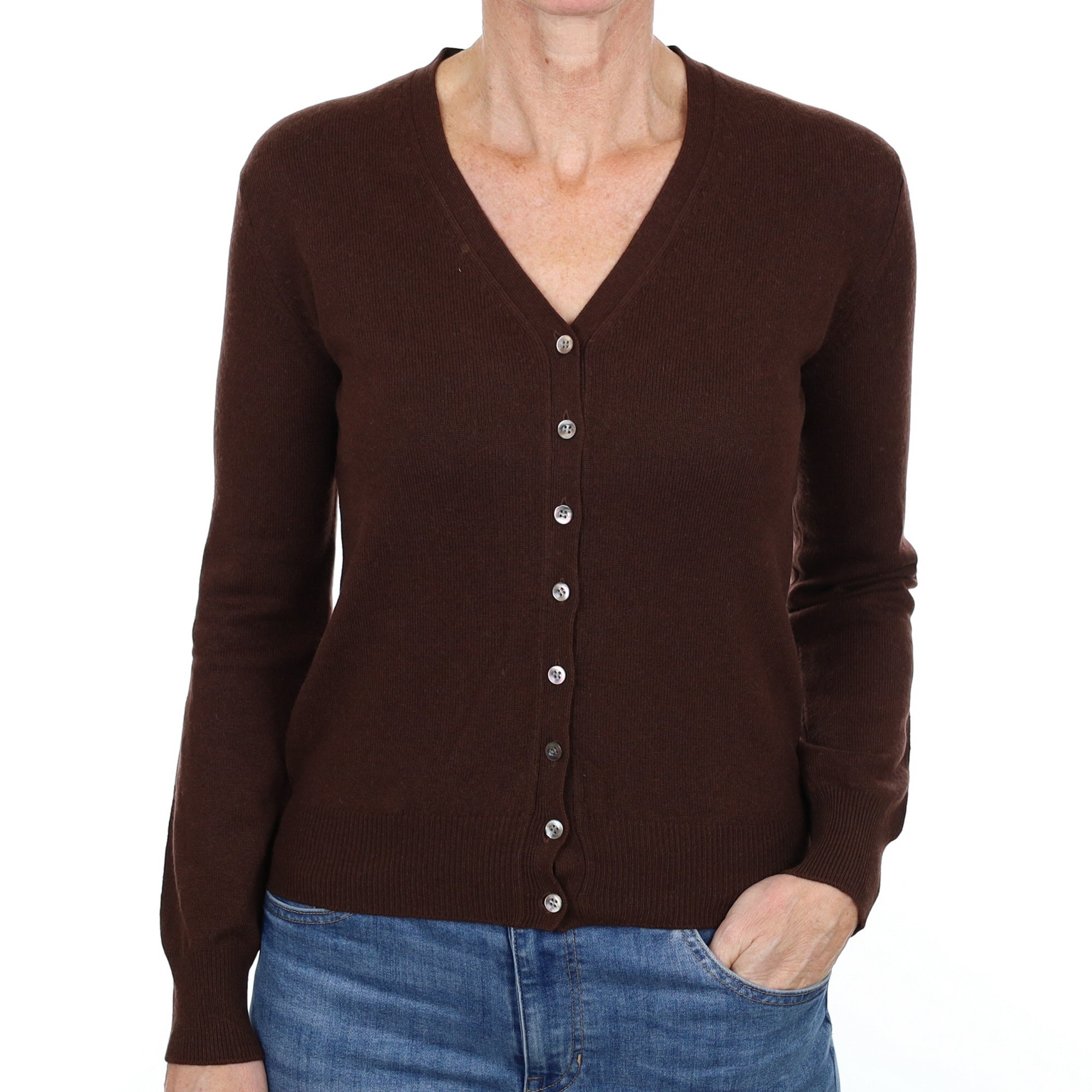 Dark Chocolate Brown Cashmere V Neck Cardigan Small