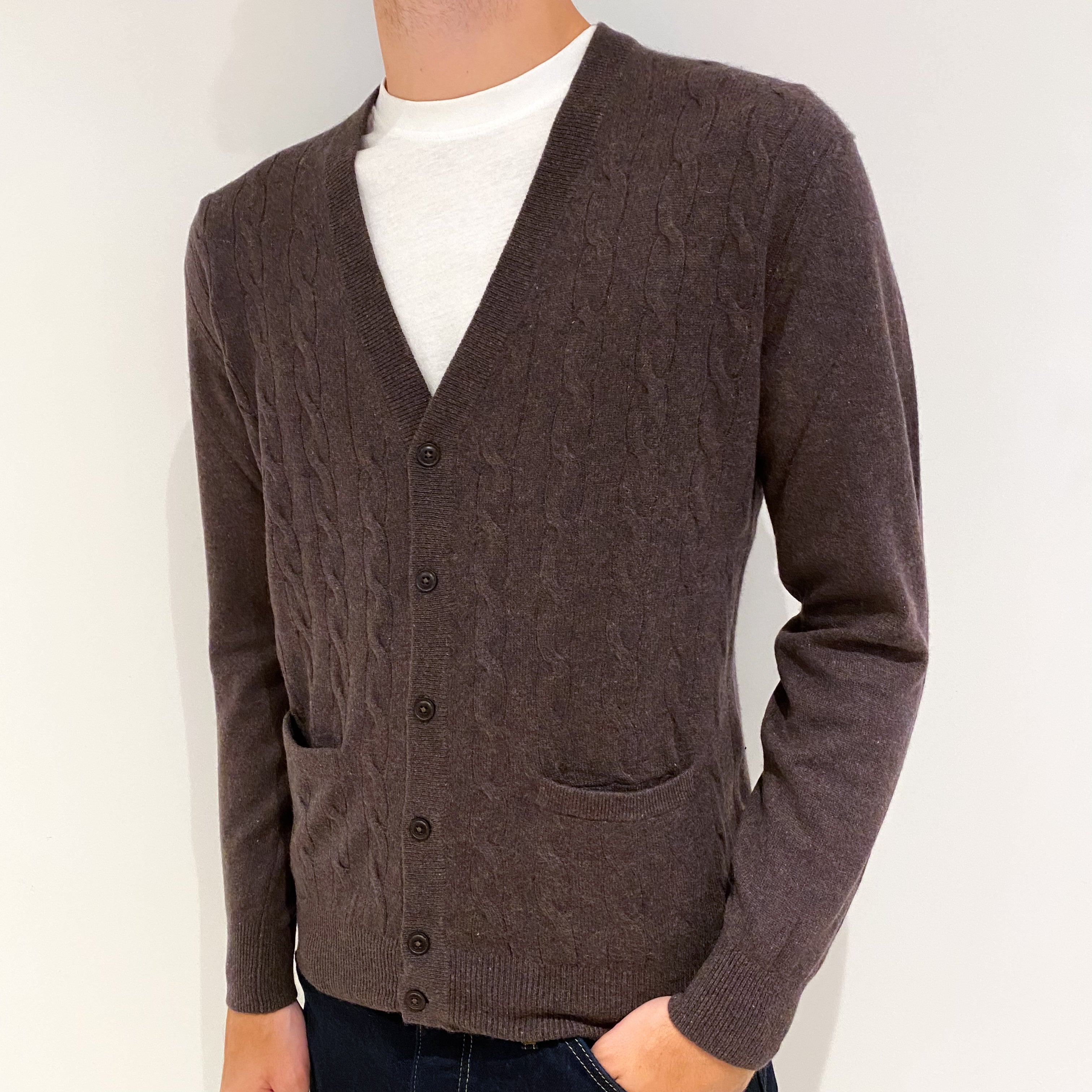 Men's Mole Brown Cable Front Cashmere V-Neck Cardigan Medium