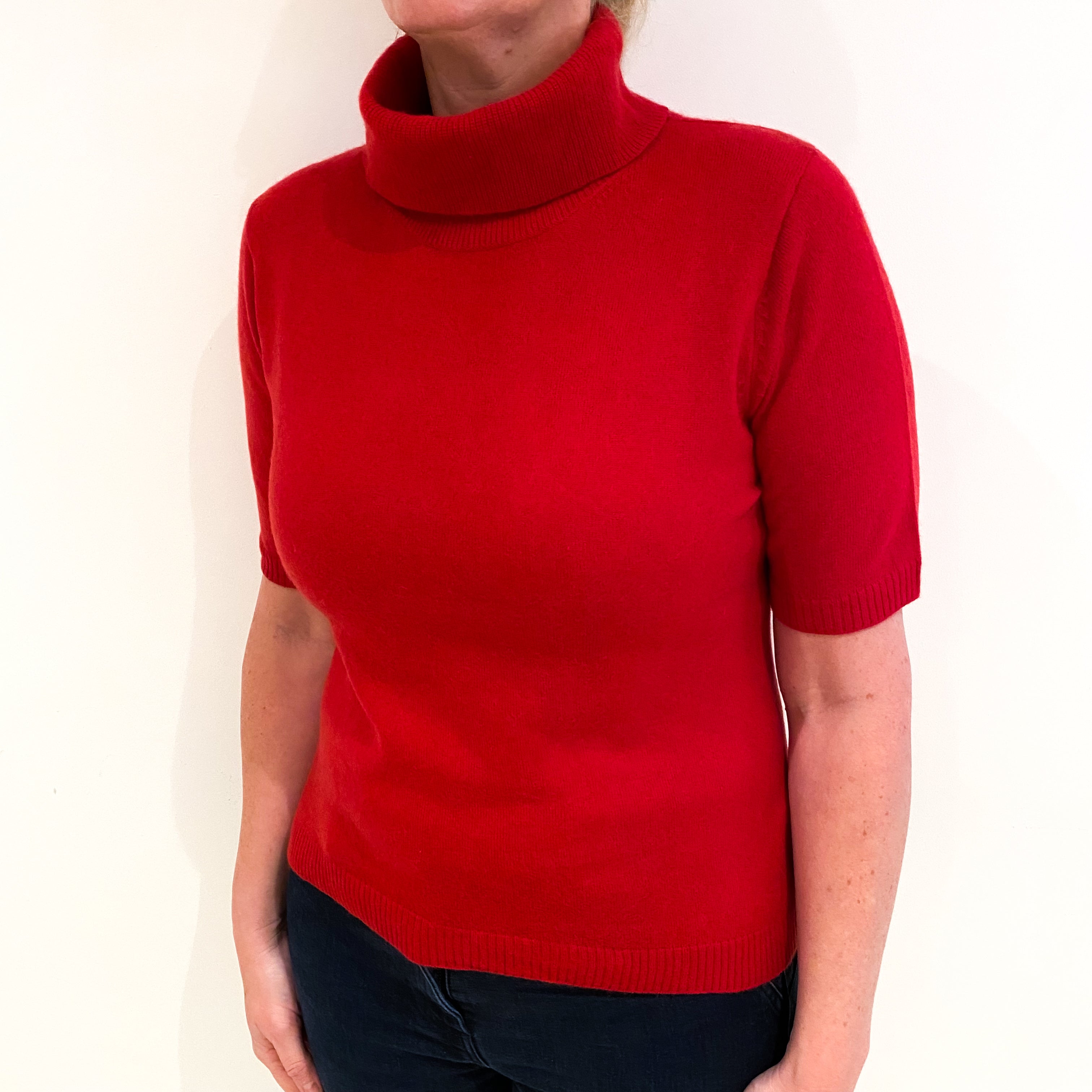 Scarlet Red Cashmere Polo Neck Short Sleeved Jumper Large