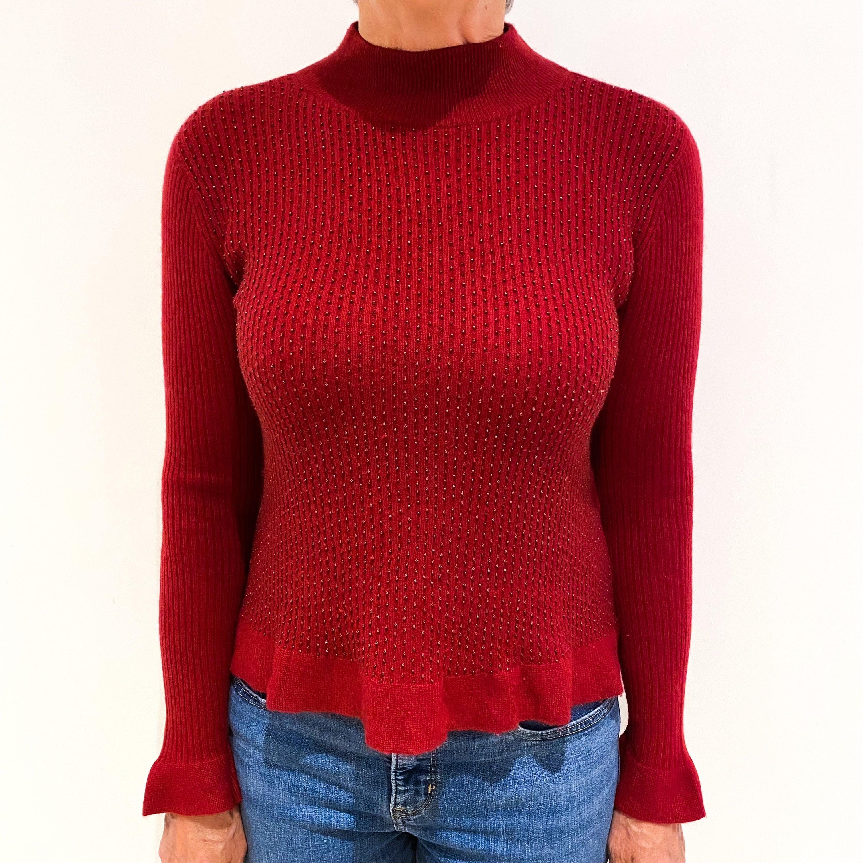 Maroon Red Beaded Cashmere Turtle Neck Jumper Medium