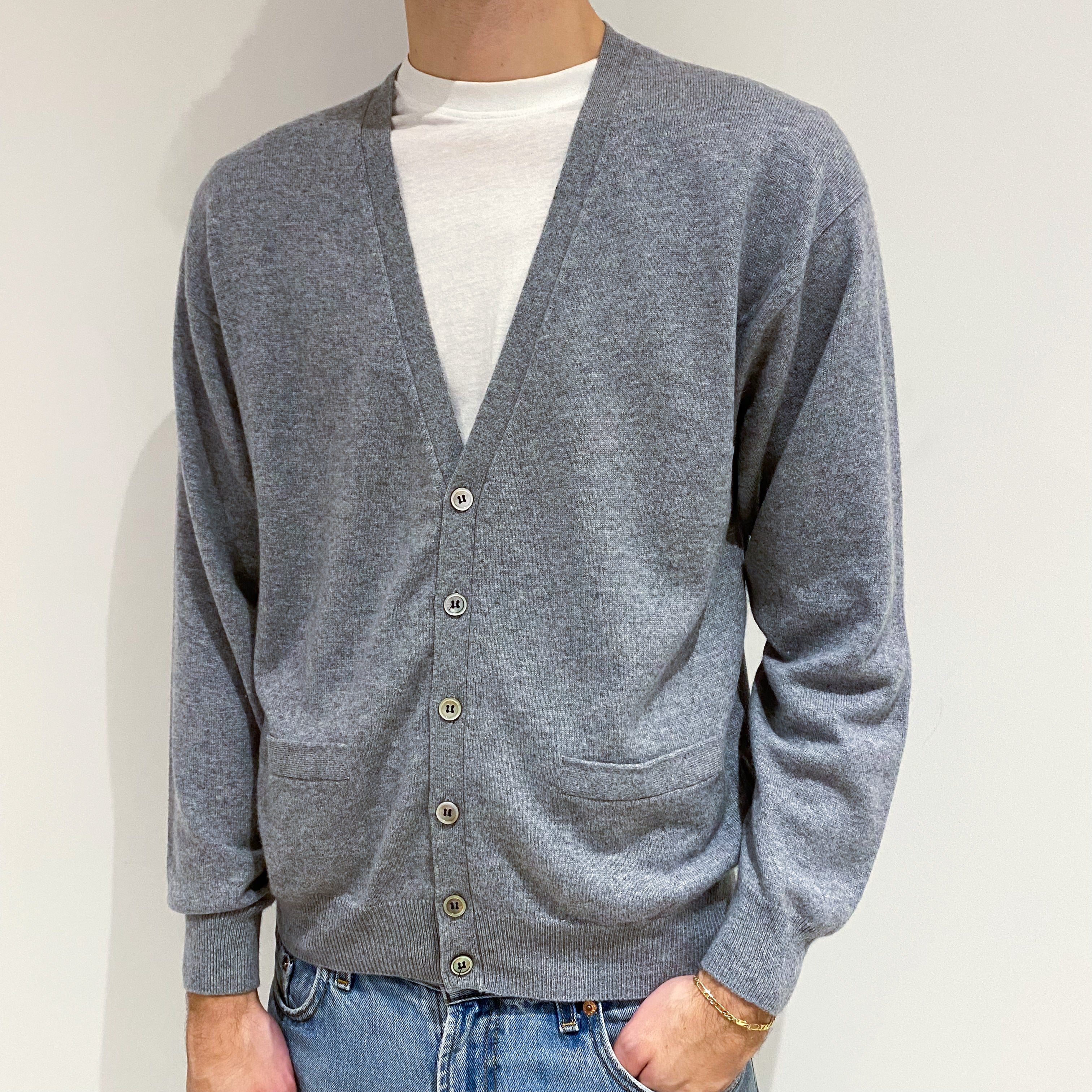 Men's Ash Grey Cashmere V-Neck Cardigan with Pockets Large