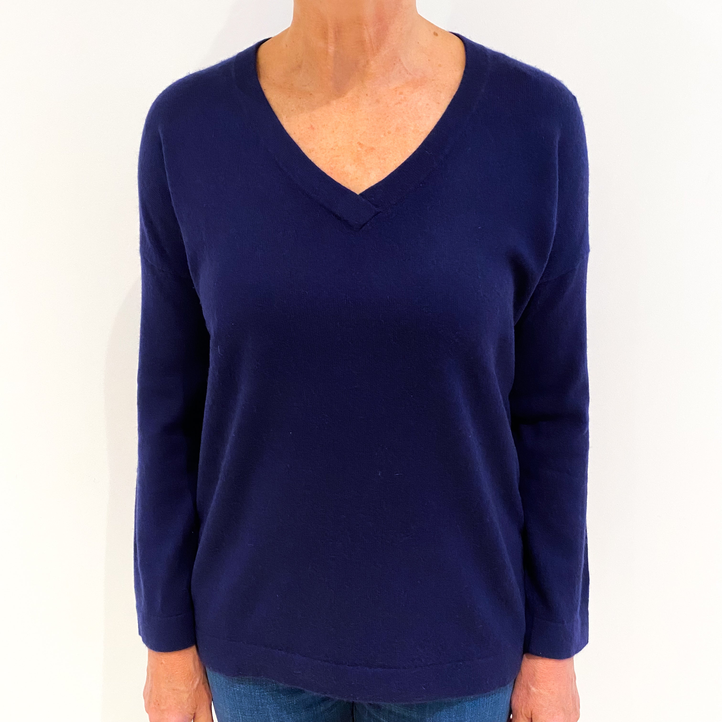 French Navy Blue Cashmere V-Neck Jumper Medium