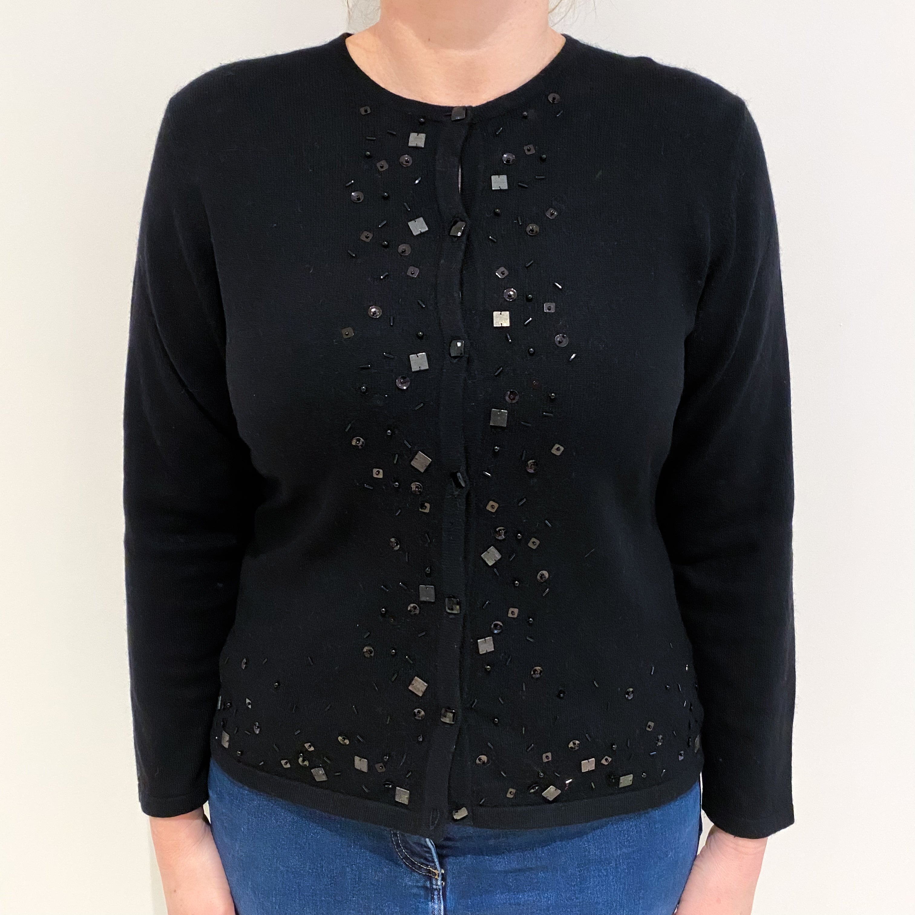 Black Sequinned Cashmere Crew Neck Cardigan Large