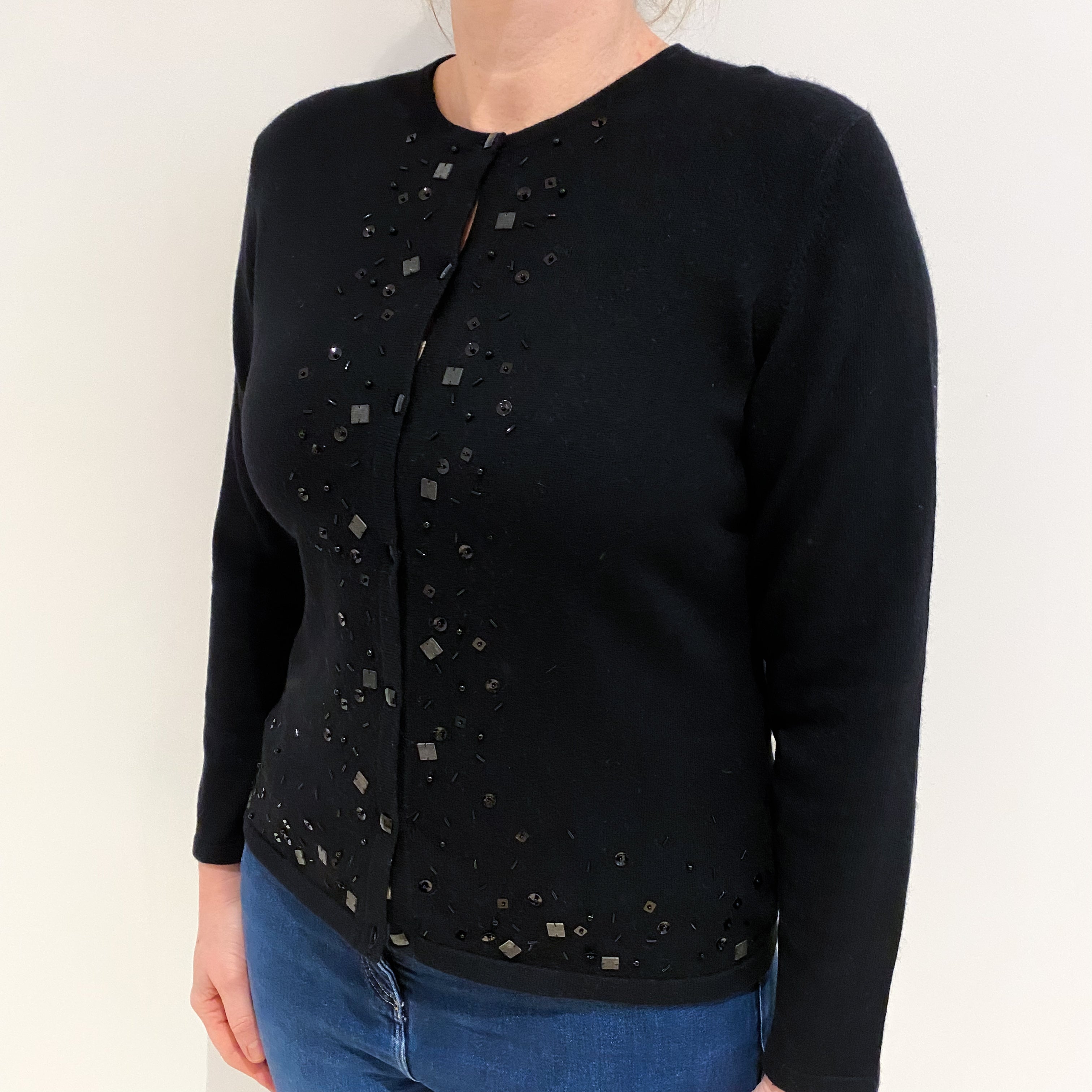 Black Sequinned Cashmere Crew Neck Cardigan Large