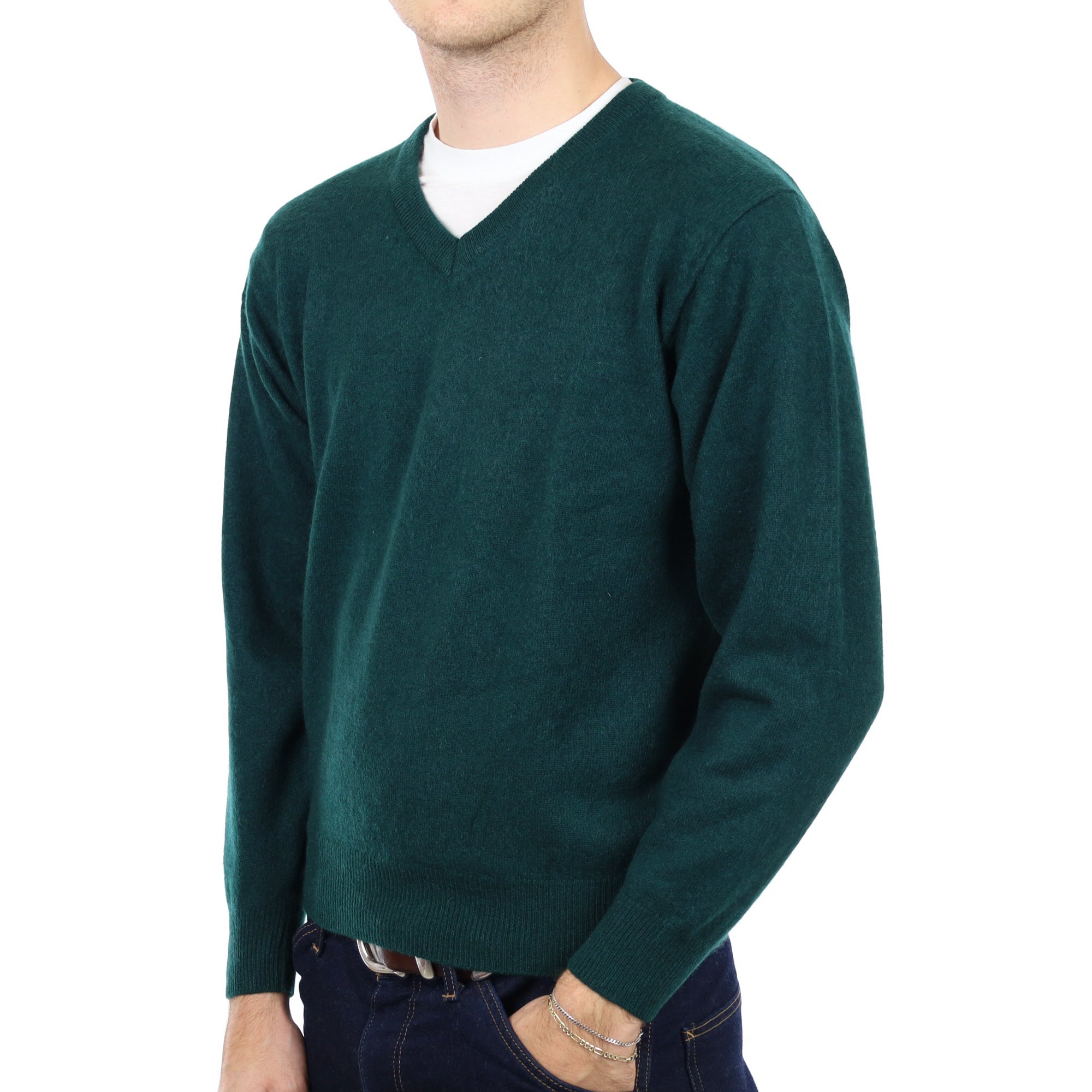Men's Pine Green Cashmere V Neck Jumper Medium