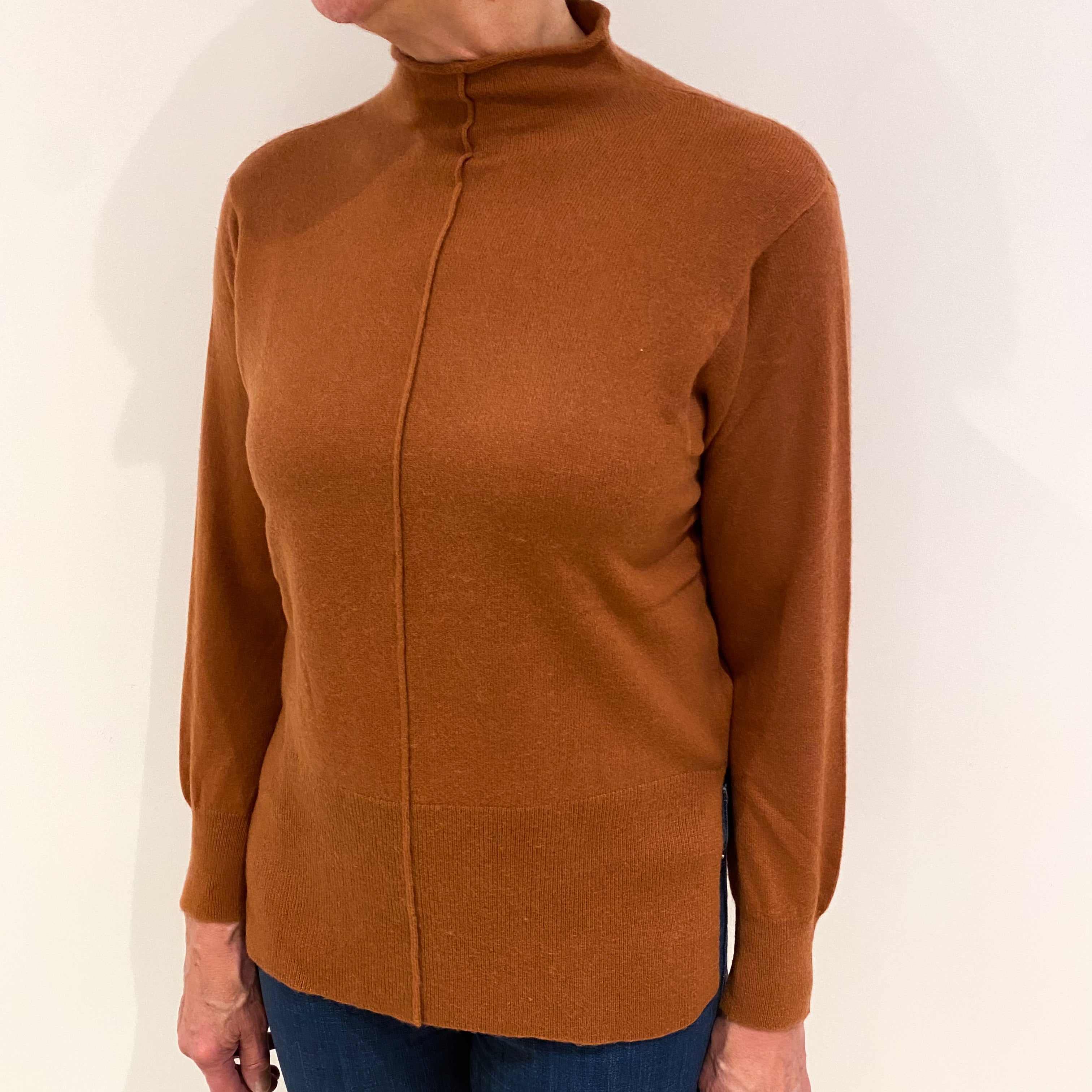 Rust Brown Cashmere Funnel Neck Jumper Medium