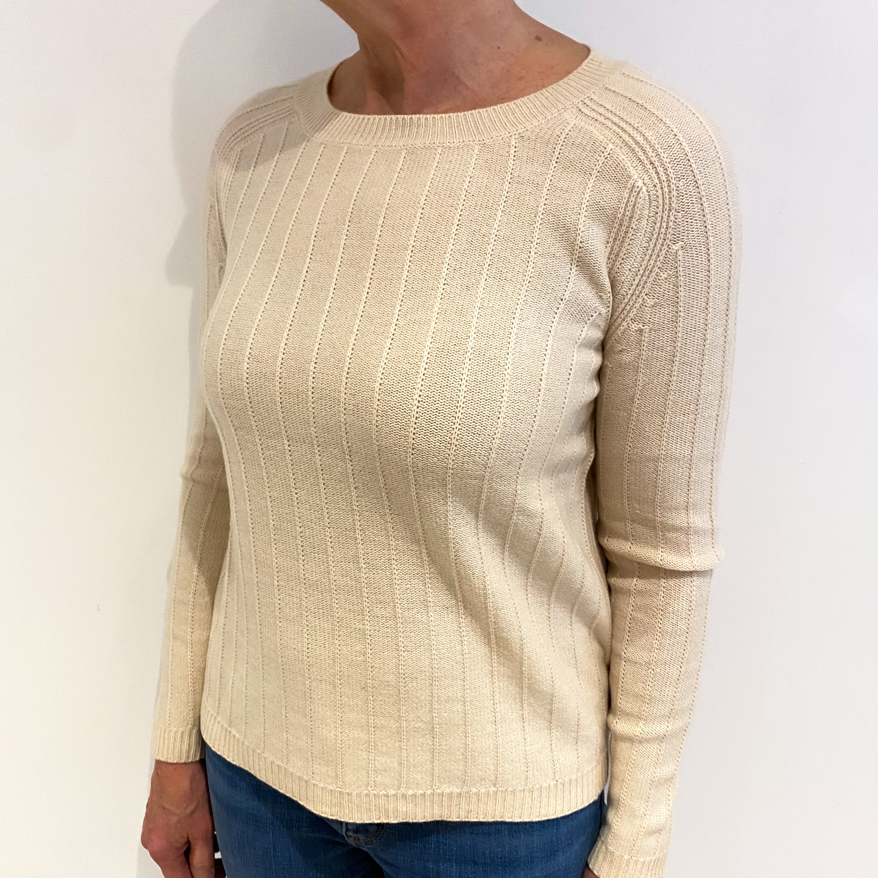 Sandy Beige Cashmere Crew Neck Textured Knit Jumper Medium