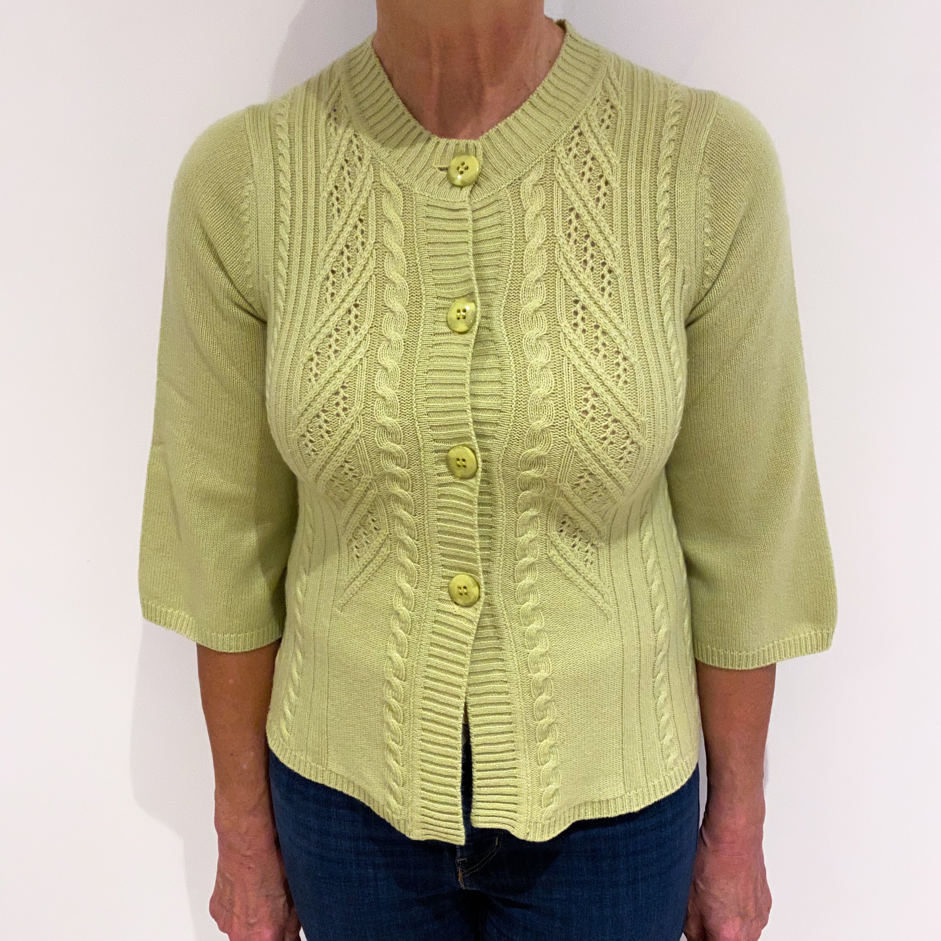 Pistachio Green Textured Cashmere Crew Neck Cardigan Medium