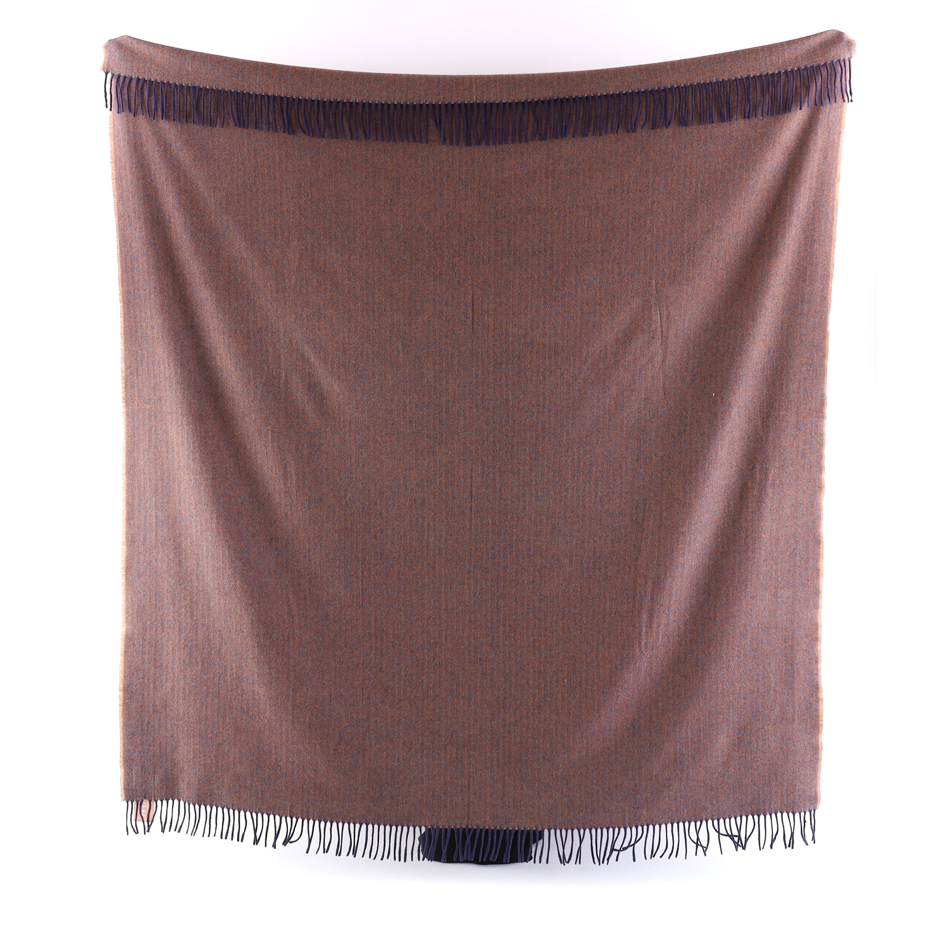 Brand New English Tangerine and Navy Herringbone Luxury Woven Cashmere Blanket