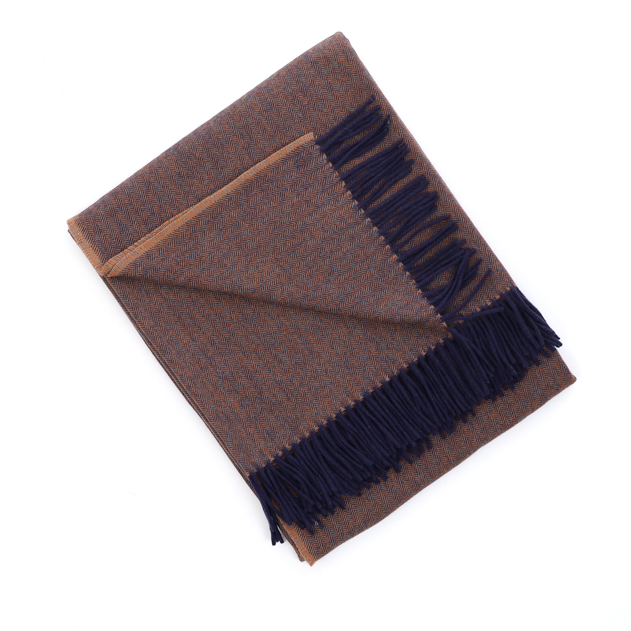 Brand New English Tangerine and Navy Herringbone Luxury Woven Cashmere Blanket