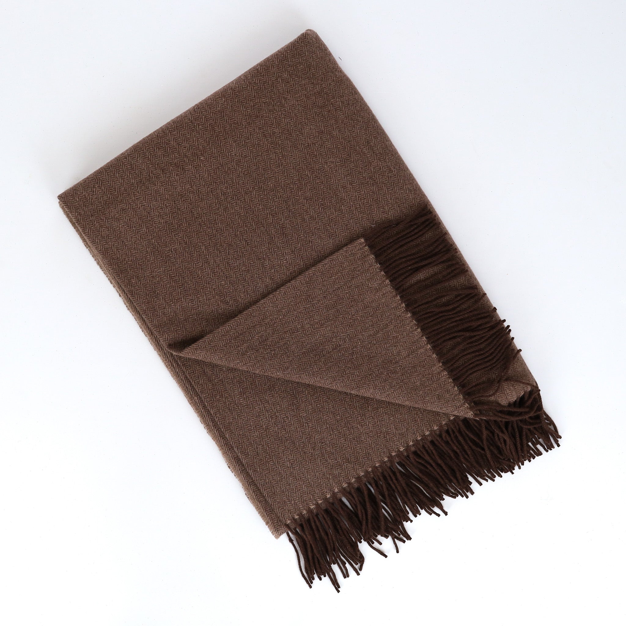 Brand New English Mocha and Chocolate Brown Herringbone Luxury Woven Cashmere Blanket