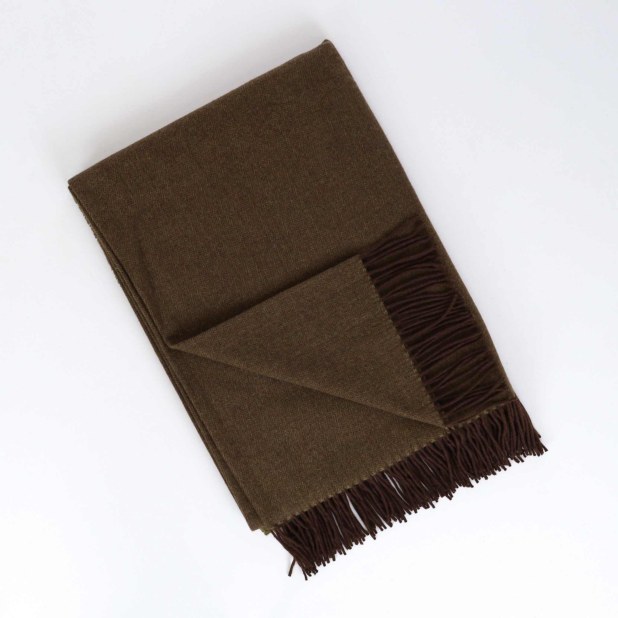 Brand New English Khaki and Chocolate Brown Herringbone Luxury Woven Cashmere Blanket