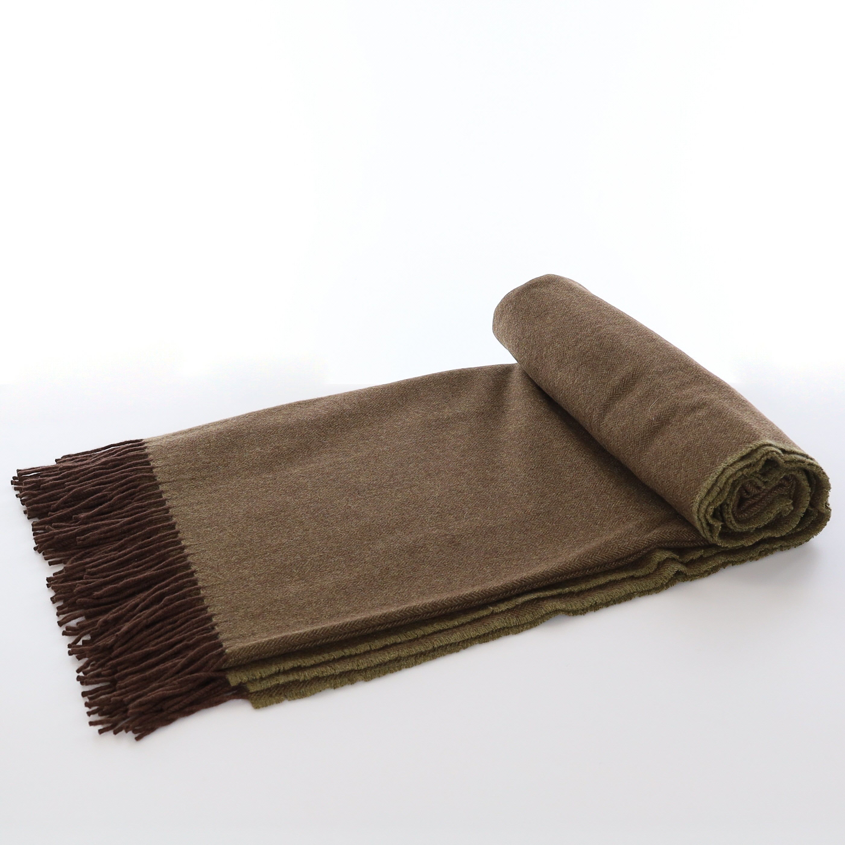 Brand New English Khaki and Chocolate Brown Herringbone Luxury Woven Cashmere Blanket
