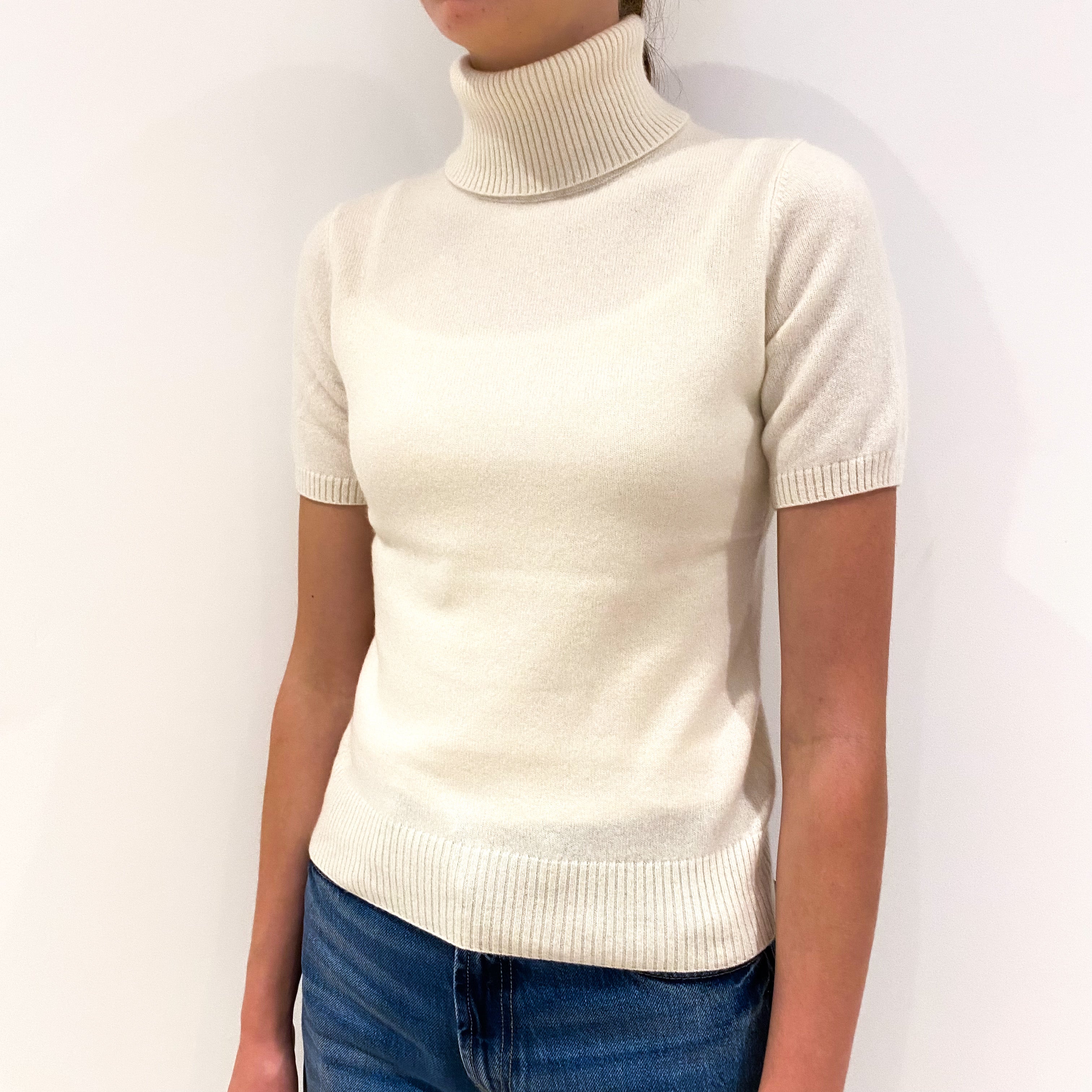 Cream Short Sleeve Cashmere Polo Neck Jumper Extra Small