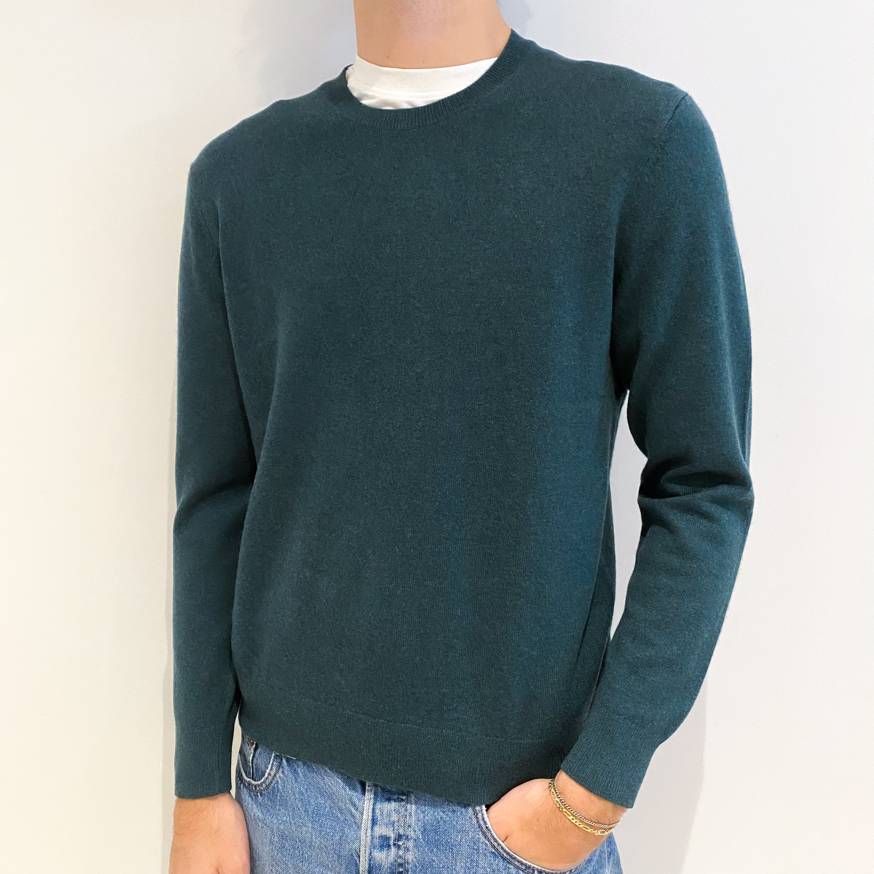 Men's Spruce Green Cashmere Crew Neck Jumper Medium