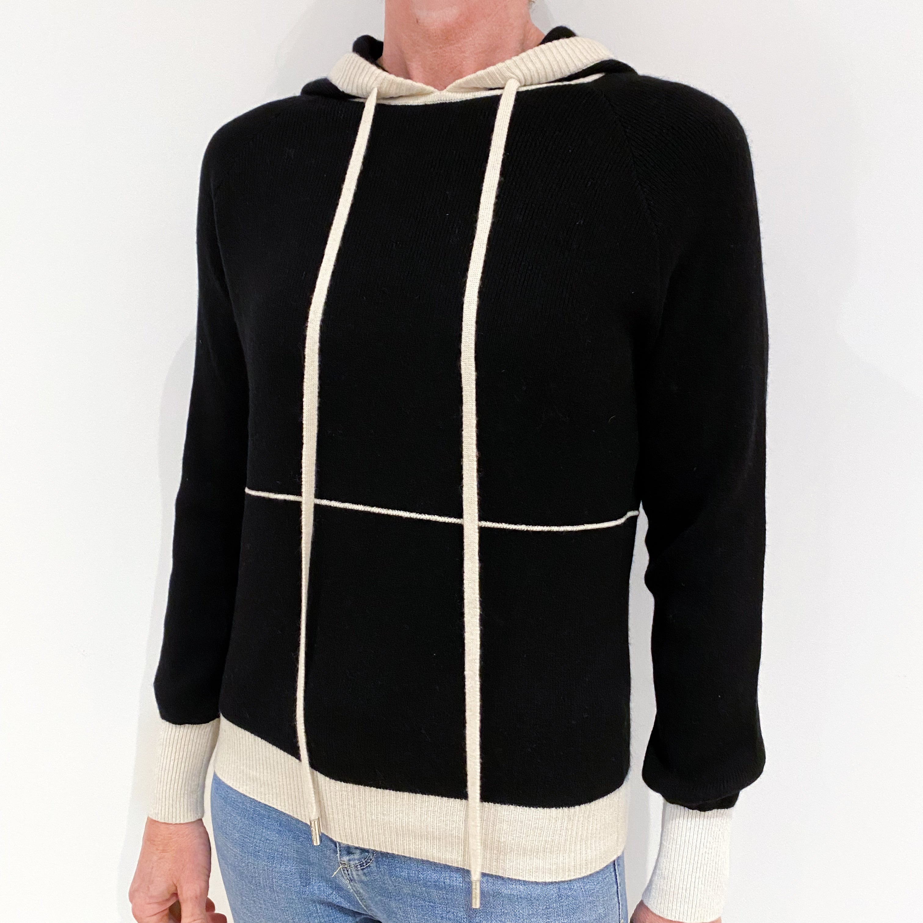 Max & Moi Black and Cream Cashmere Hoodie Jumper Small