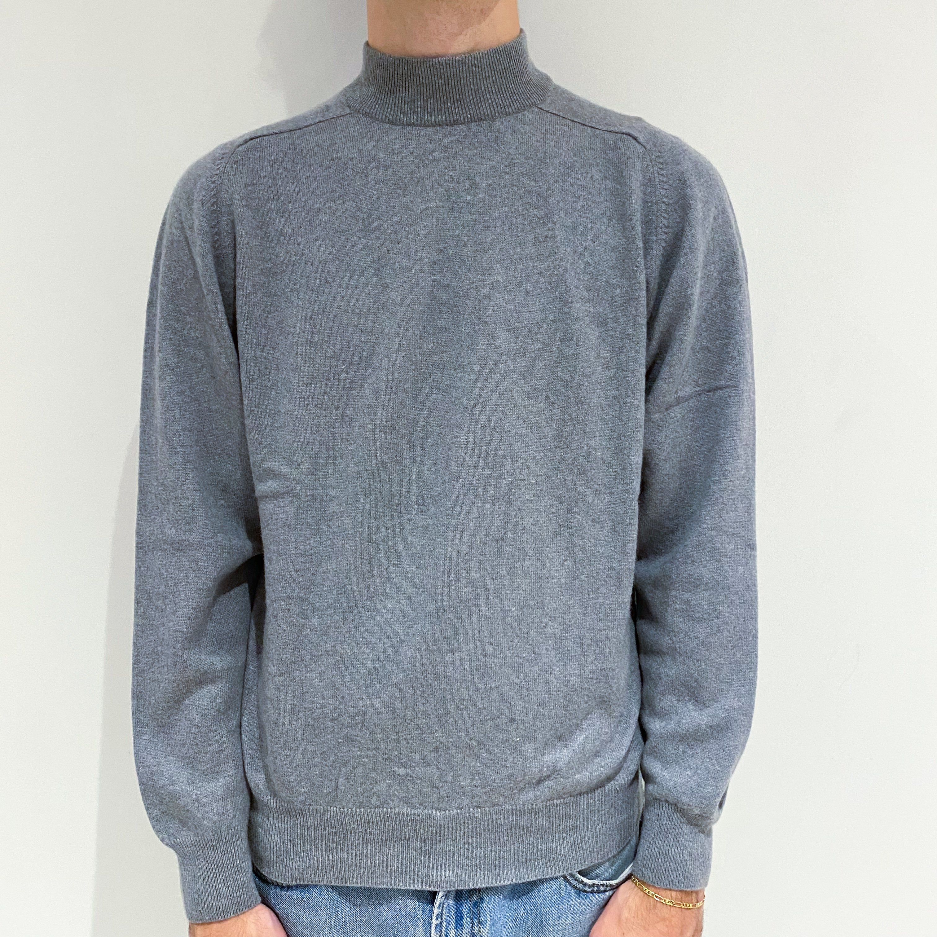 Men's Silver Grey Cashmere Polo Neck Jumper Large
