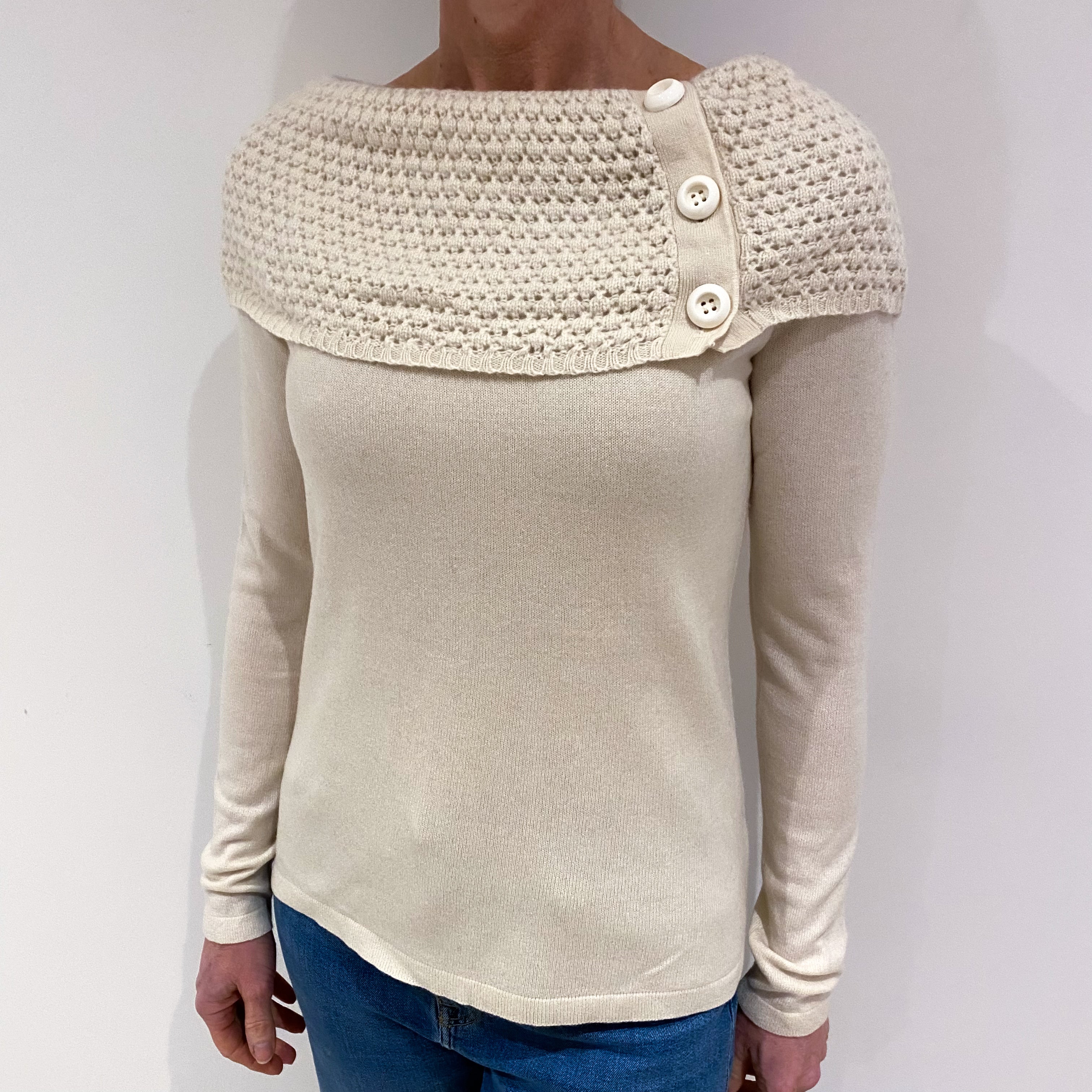 Ivory Textured Collar Cashmere Off Shoulder Jumper Small
