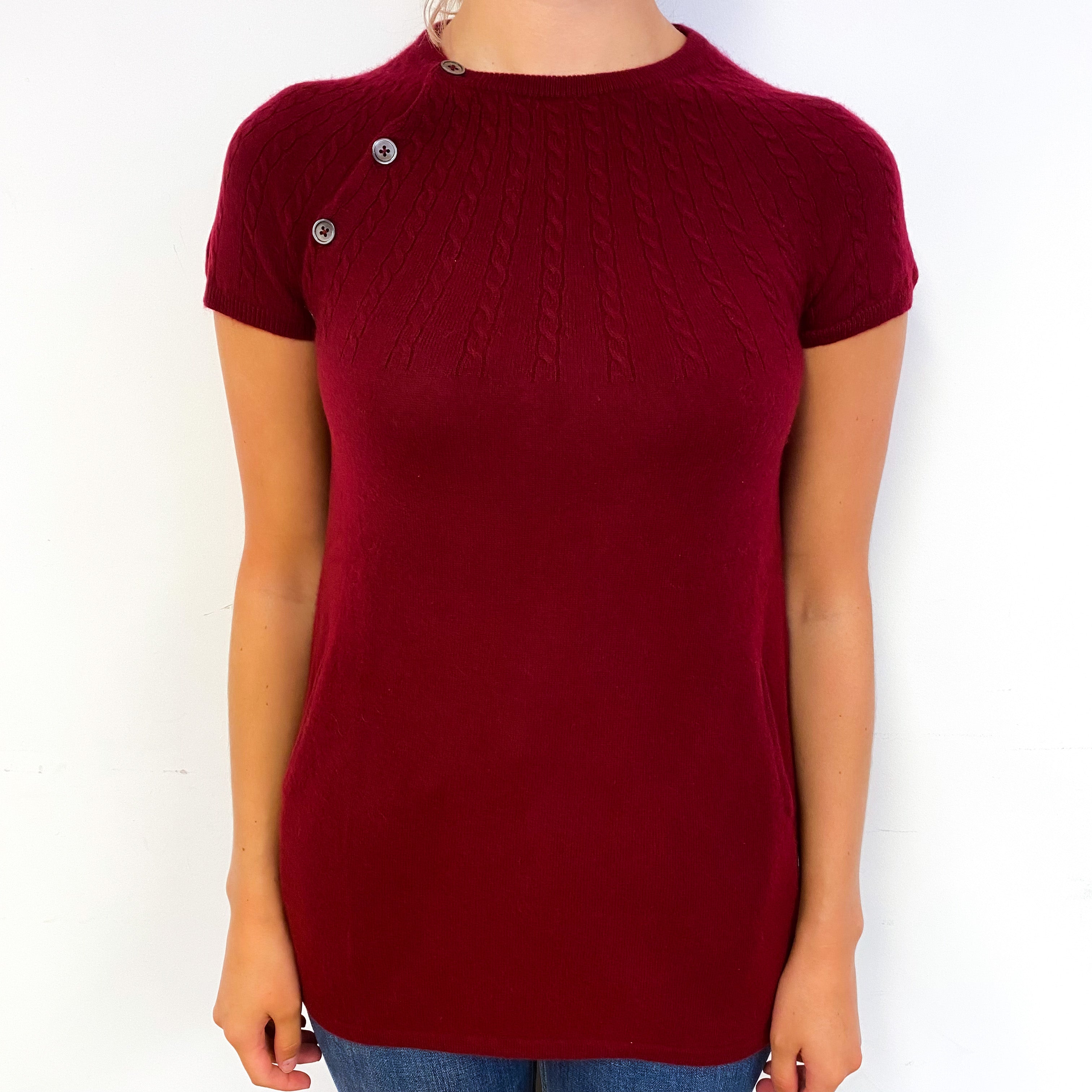 Garnet Red Short Sleeve Cashmere Crew Neck Jumper Small