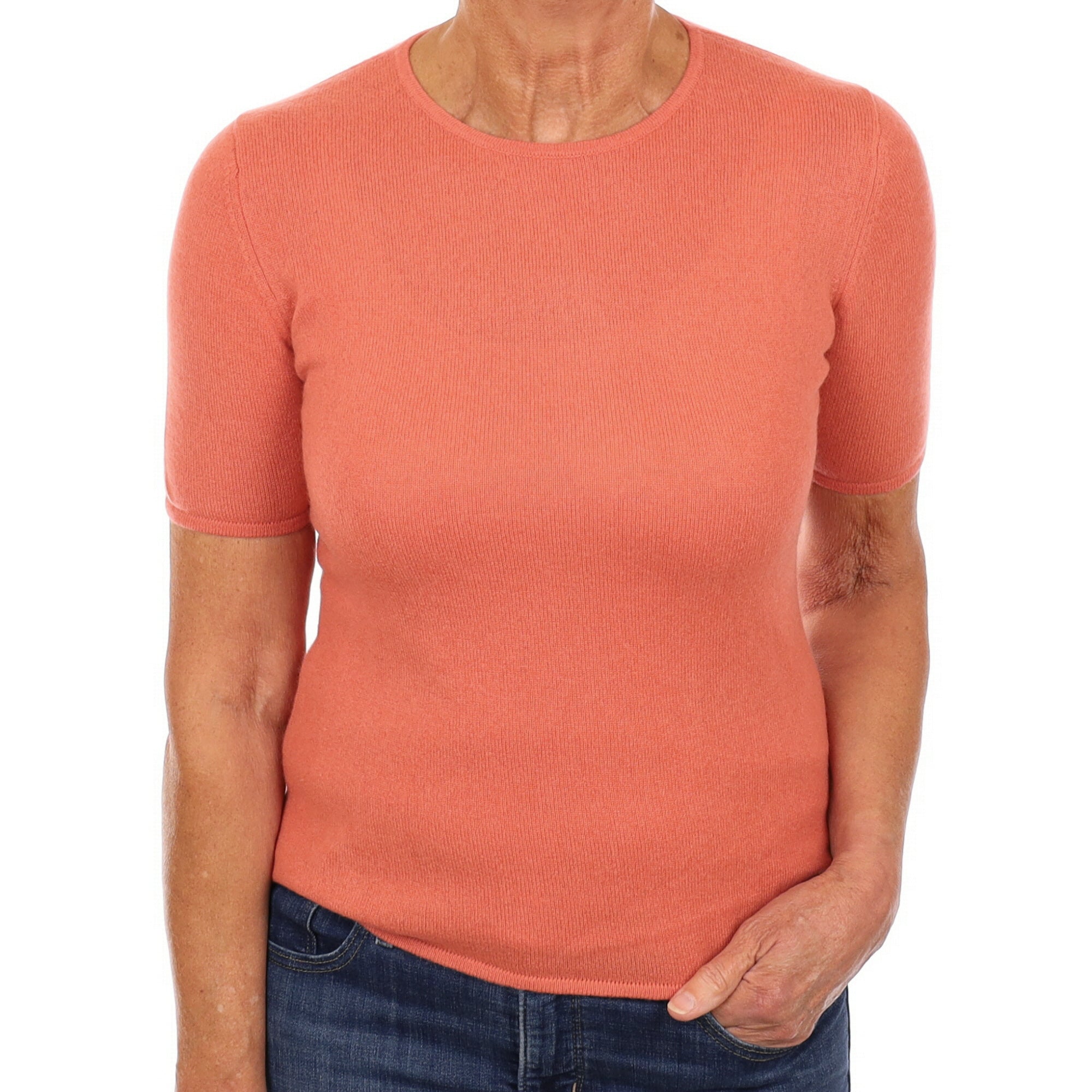 Coral Orange Cashmere Short Sleeve Crew Neck Jumper Medium