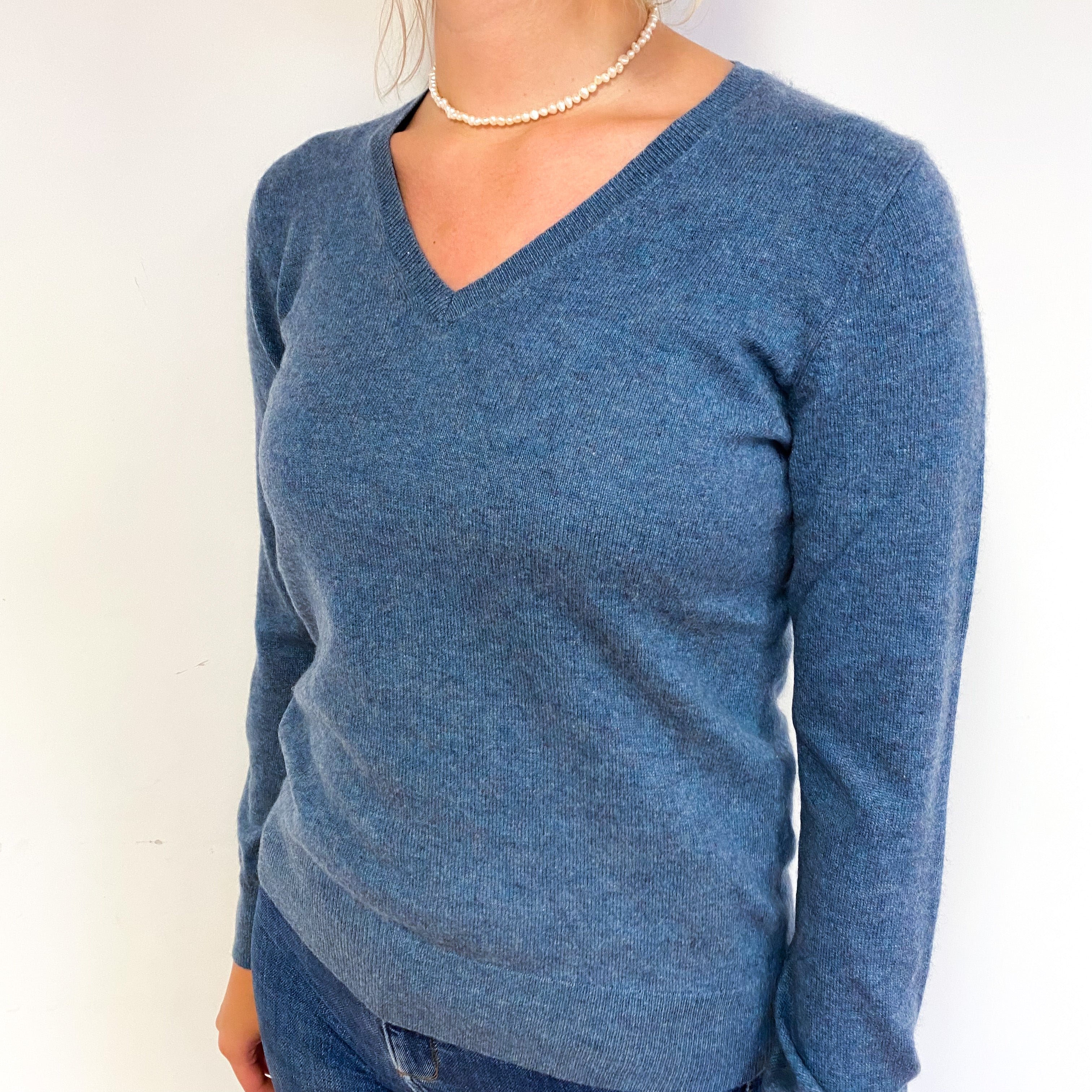 Deep Denim Blue Cashmere V-Neck Jumper Small