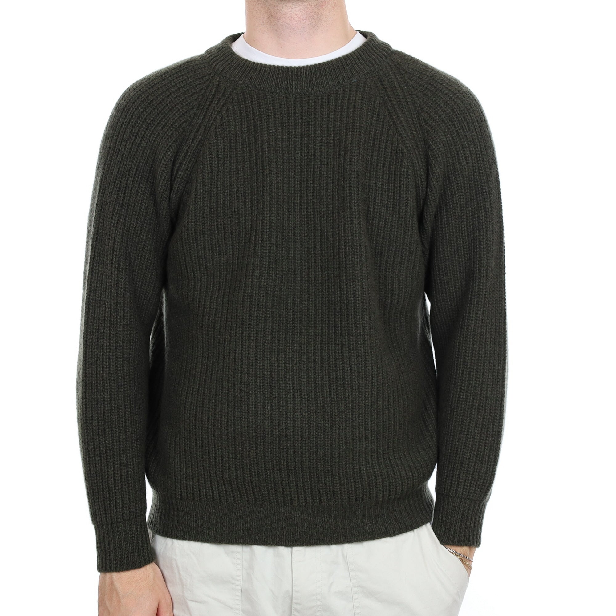 Men's Brand New Scottish Khaki Chunky Rib Cashmere Crew Neck Jumper Large