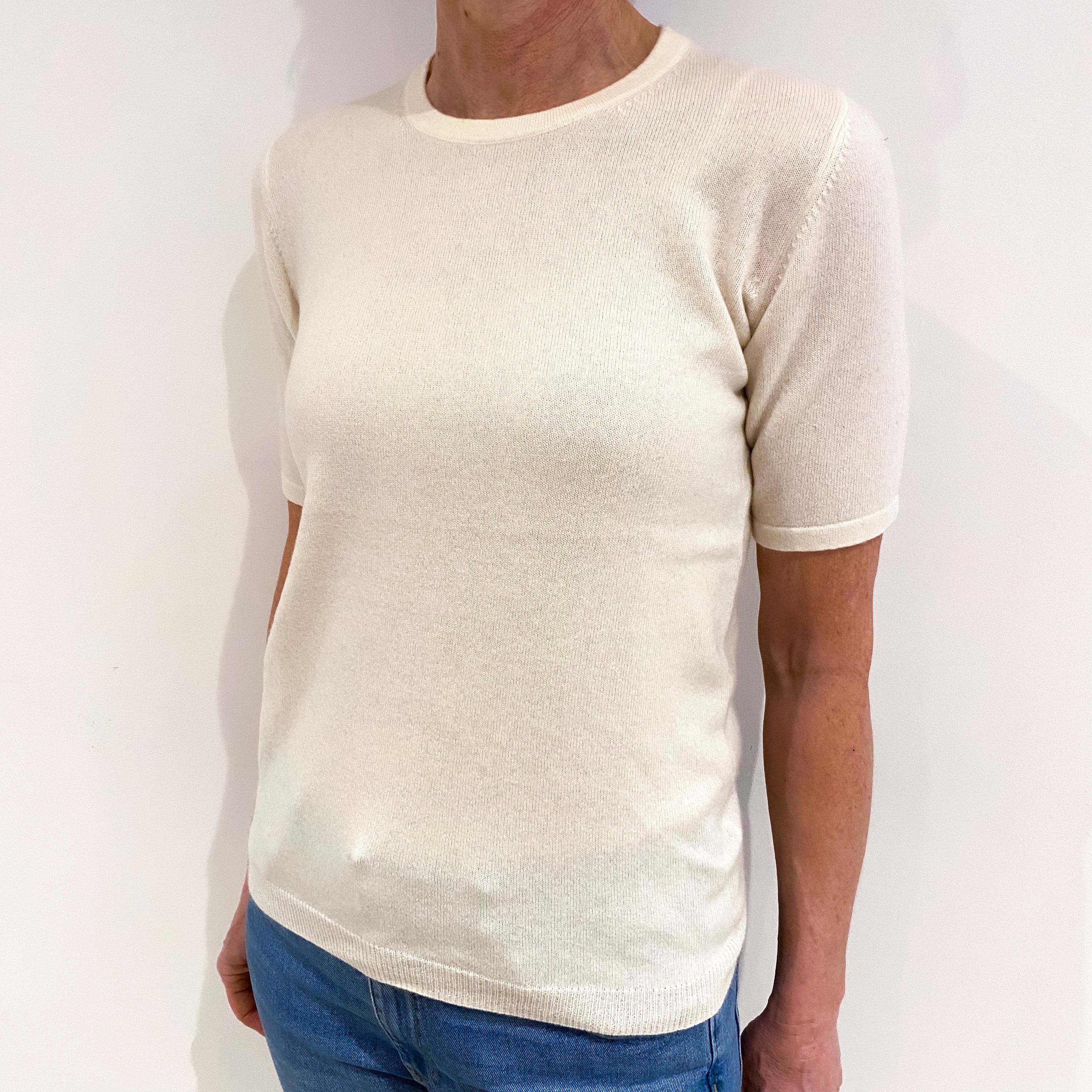 Vanilla Cream Short Sleeves Cashmere Crew Neck Jumper Small