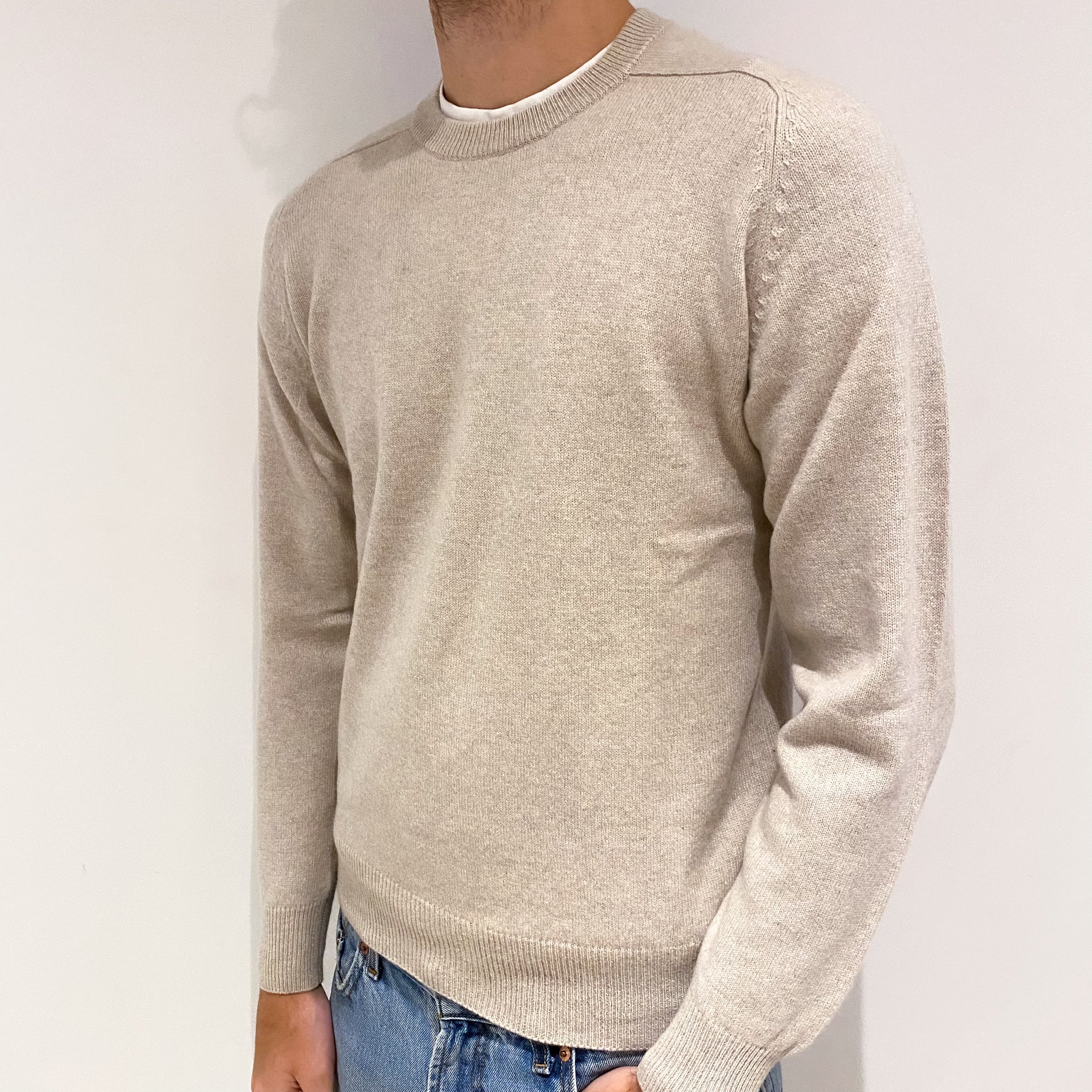 Men's Oatmeal Beige Cashmere Crew Neck Jumper Large