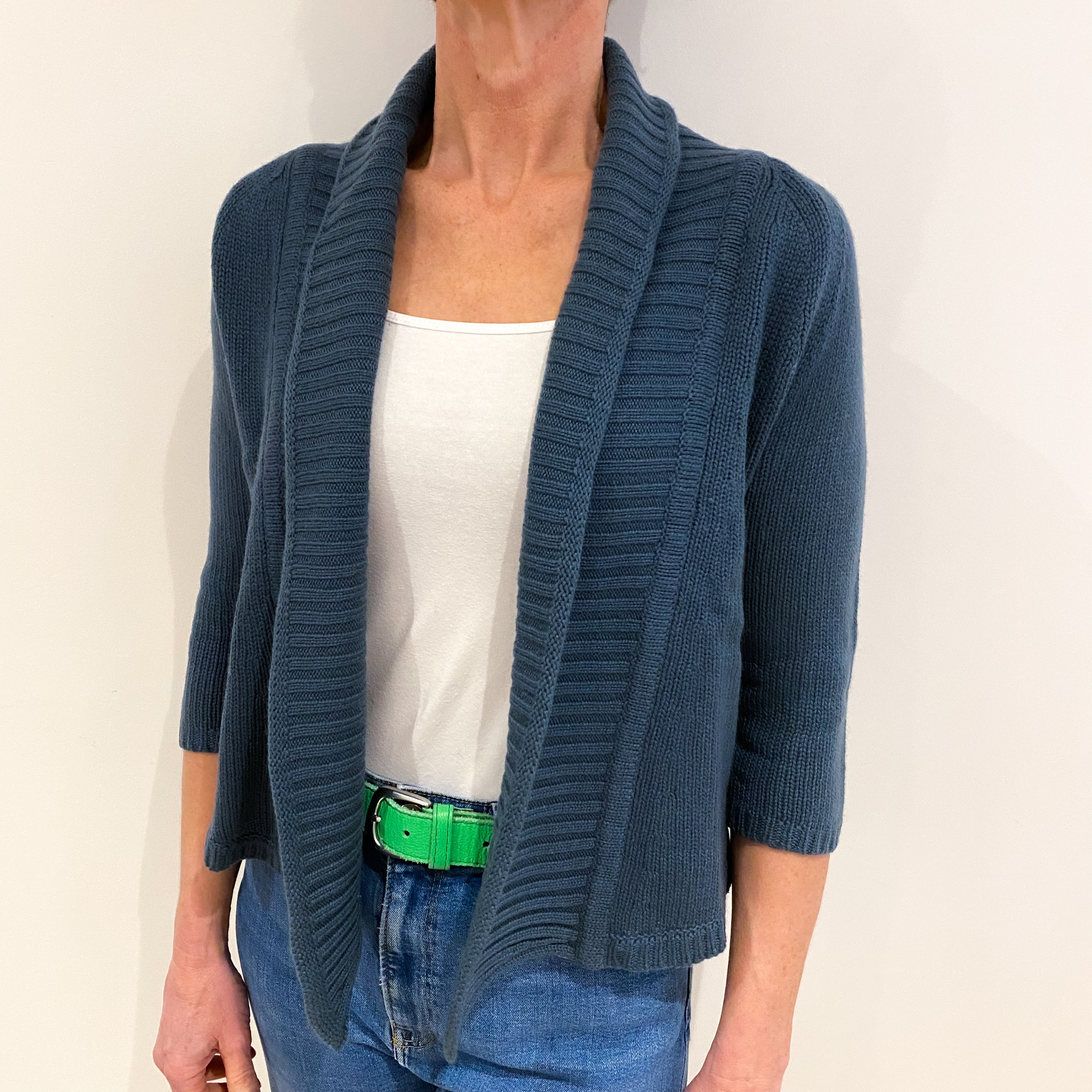 Petrol Blue Cashmere Edge To Edge Ribbed Cardigan Small