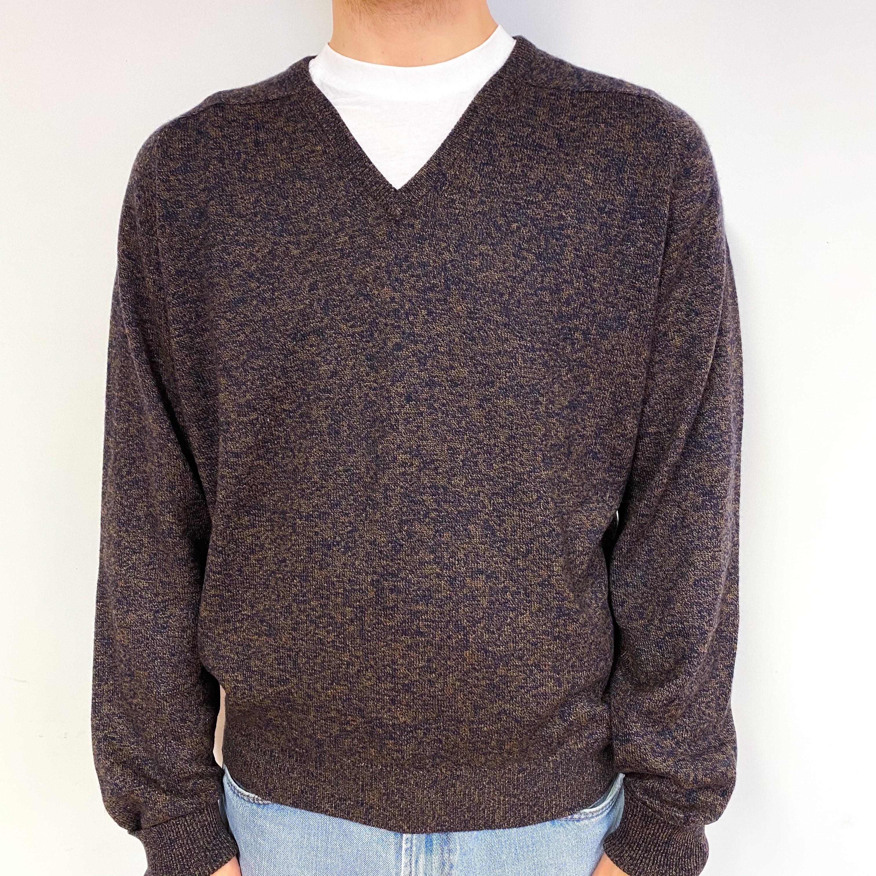 Men's Brown Navy Marl Cashmere V-Neck Jumper Large