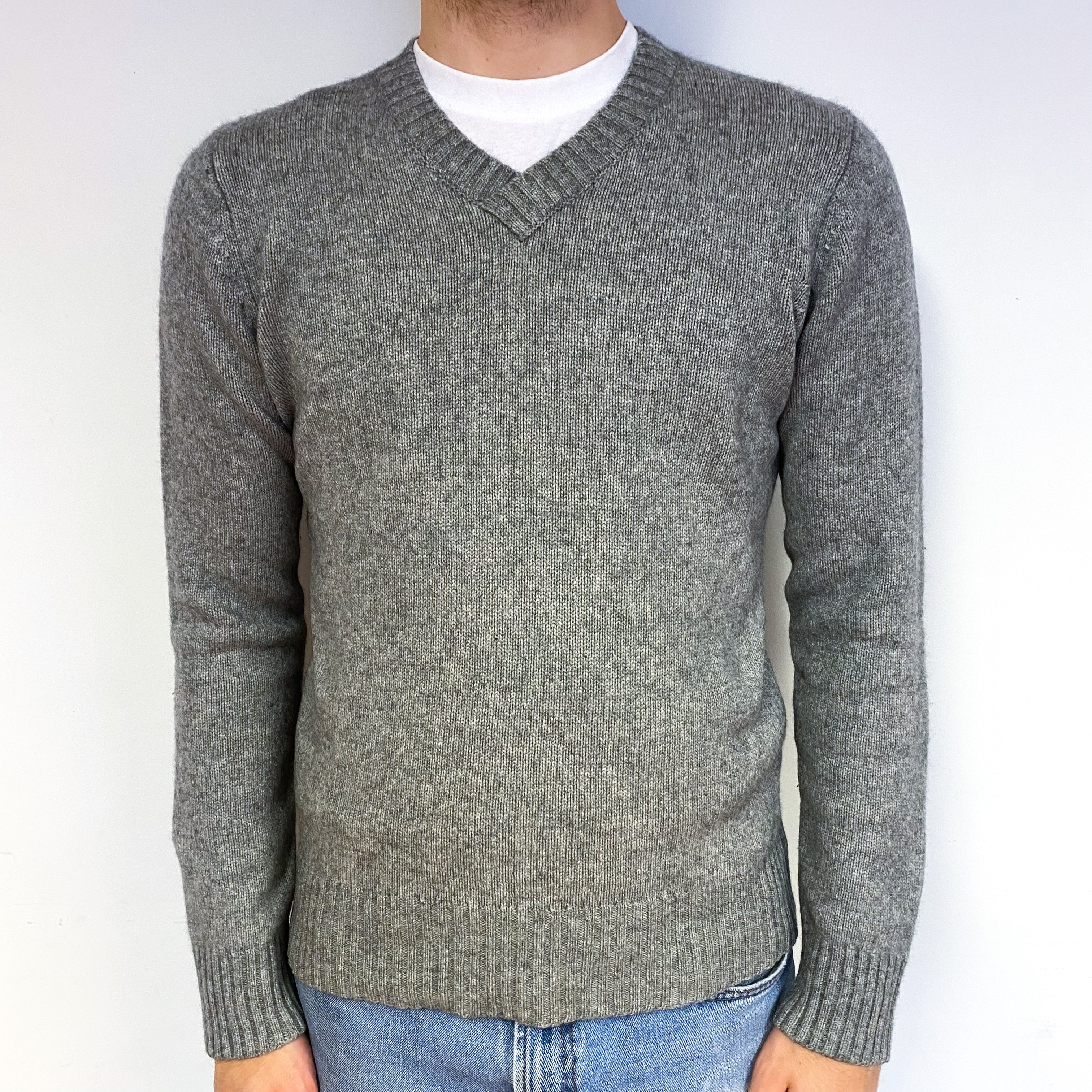 Men's Steel Grey Heavy Knit Cashmere V-Neck Jumper Medium