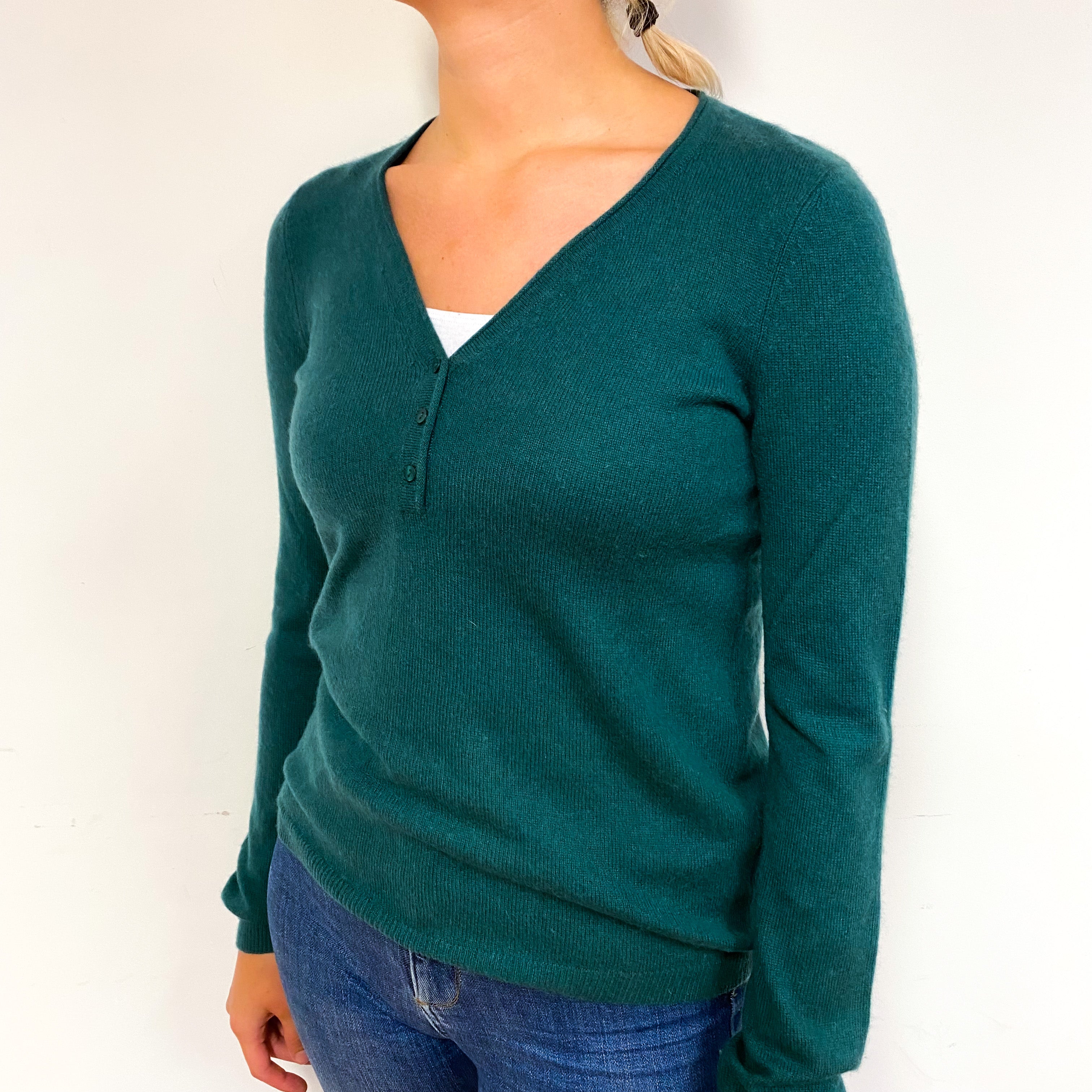 Forest Green Cashmere Buttoned V-Neck Jumper Small
