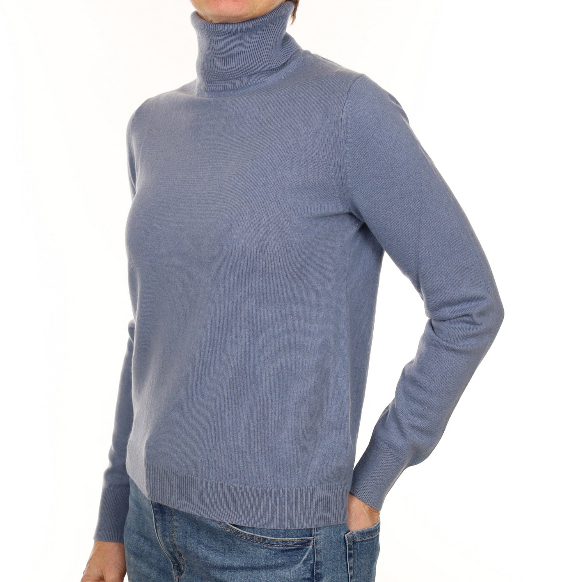 Dusky Blue Cashmere Polo Neck Jumper Small