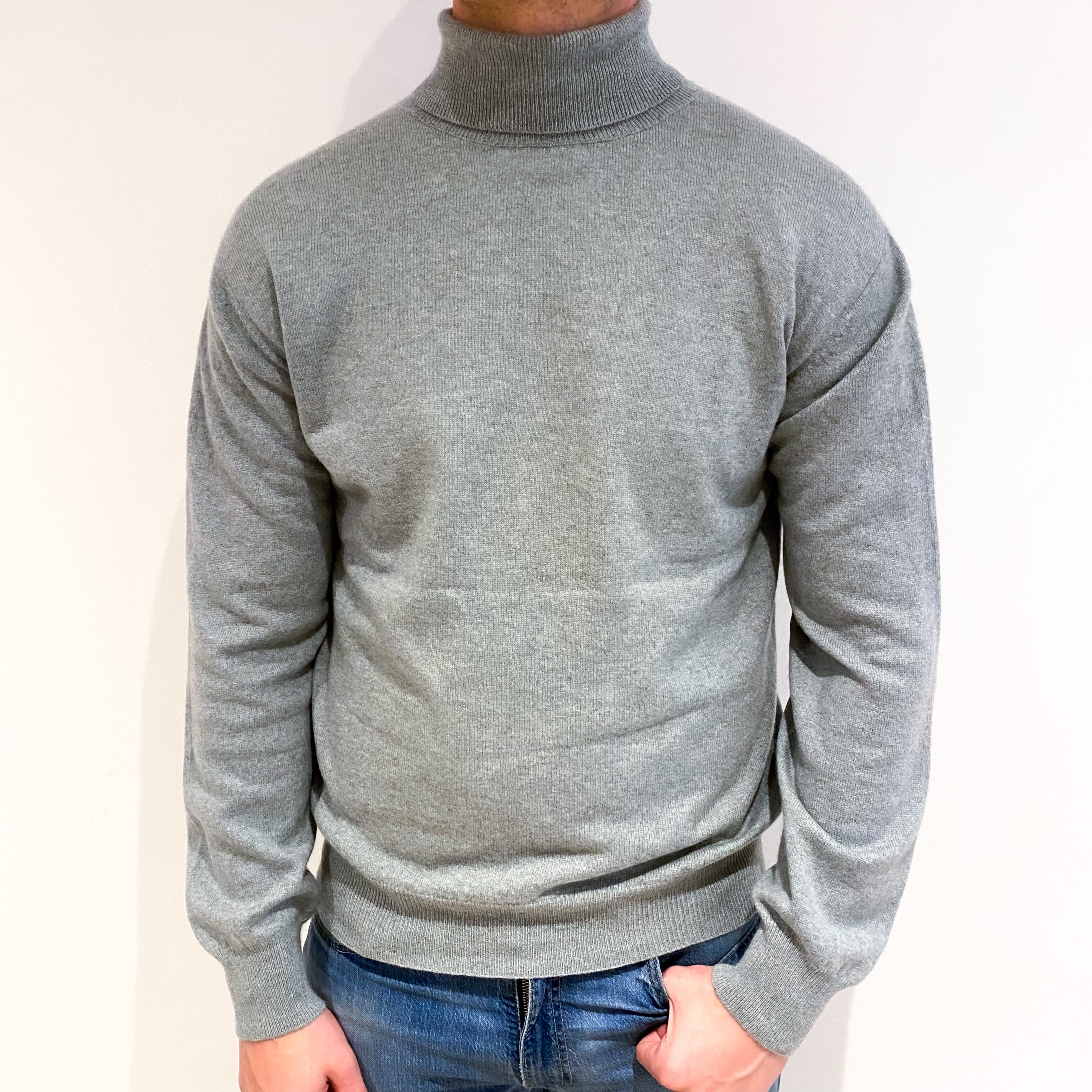 Men’s Pale Sage Green Cashmere Polo Neck Jumper XL