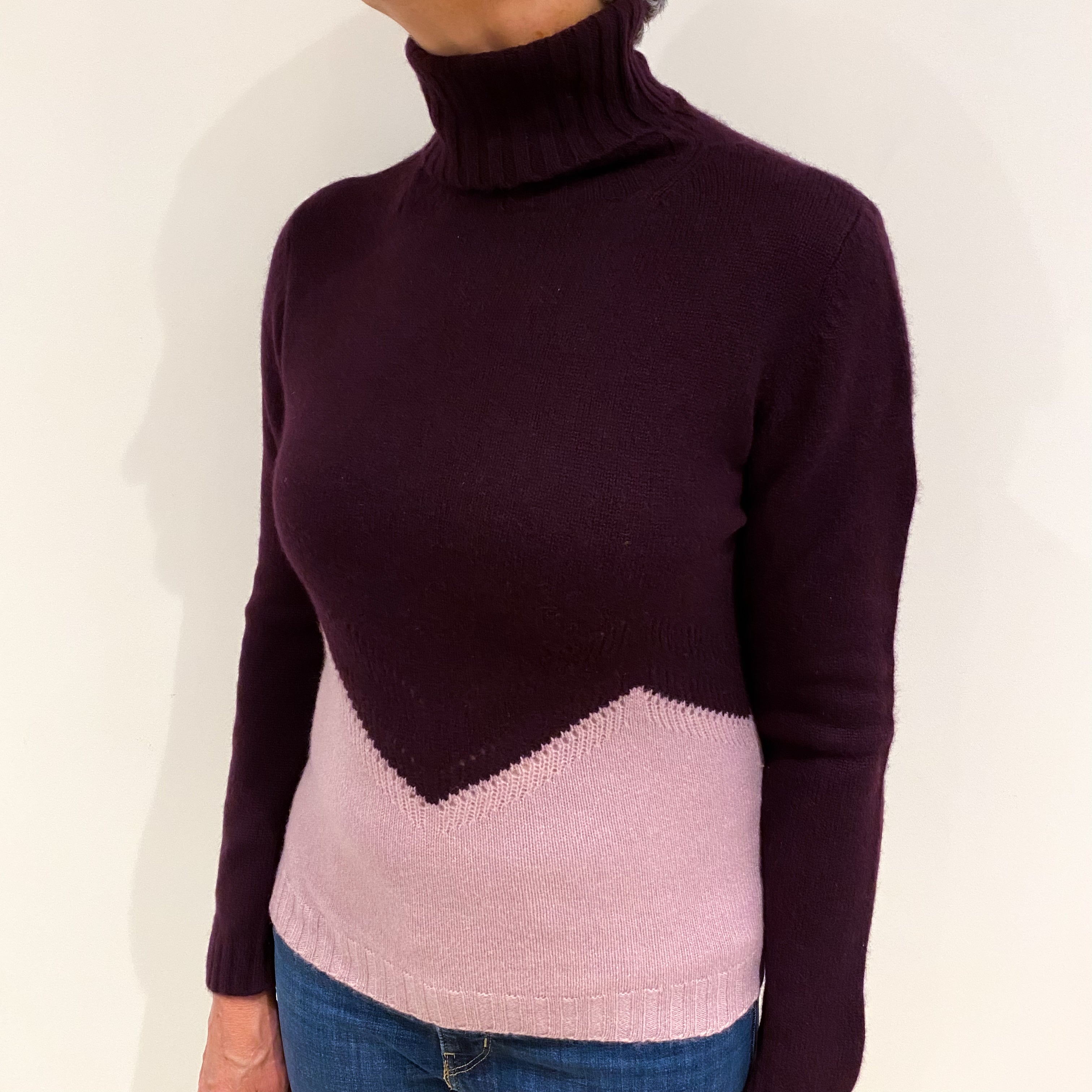 Aubergine and Mauve Purple Cashmere Polo Neck Jumper Medium