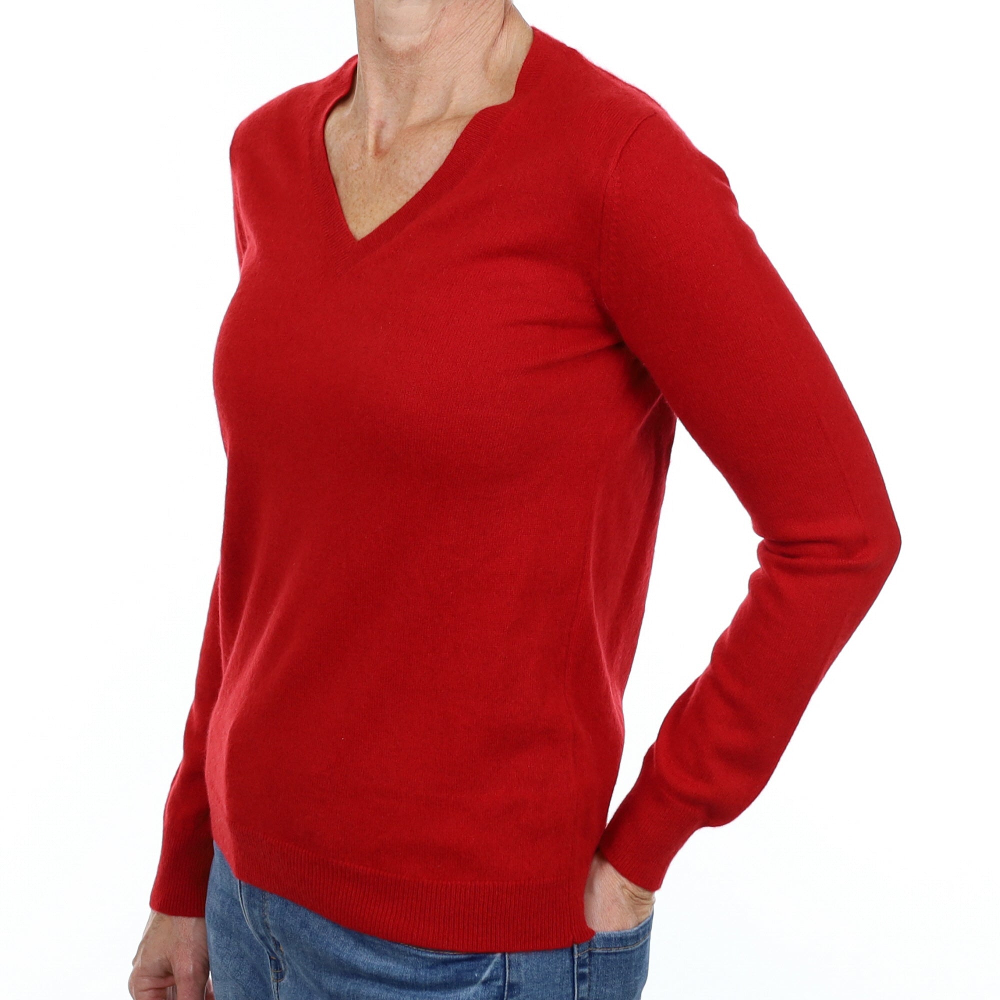 Spanish Red Cashmere V Neck Jumper Small
