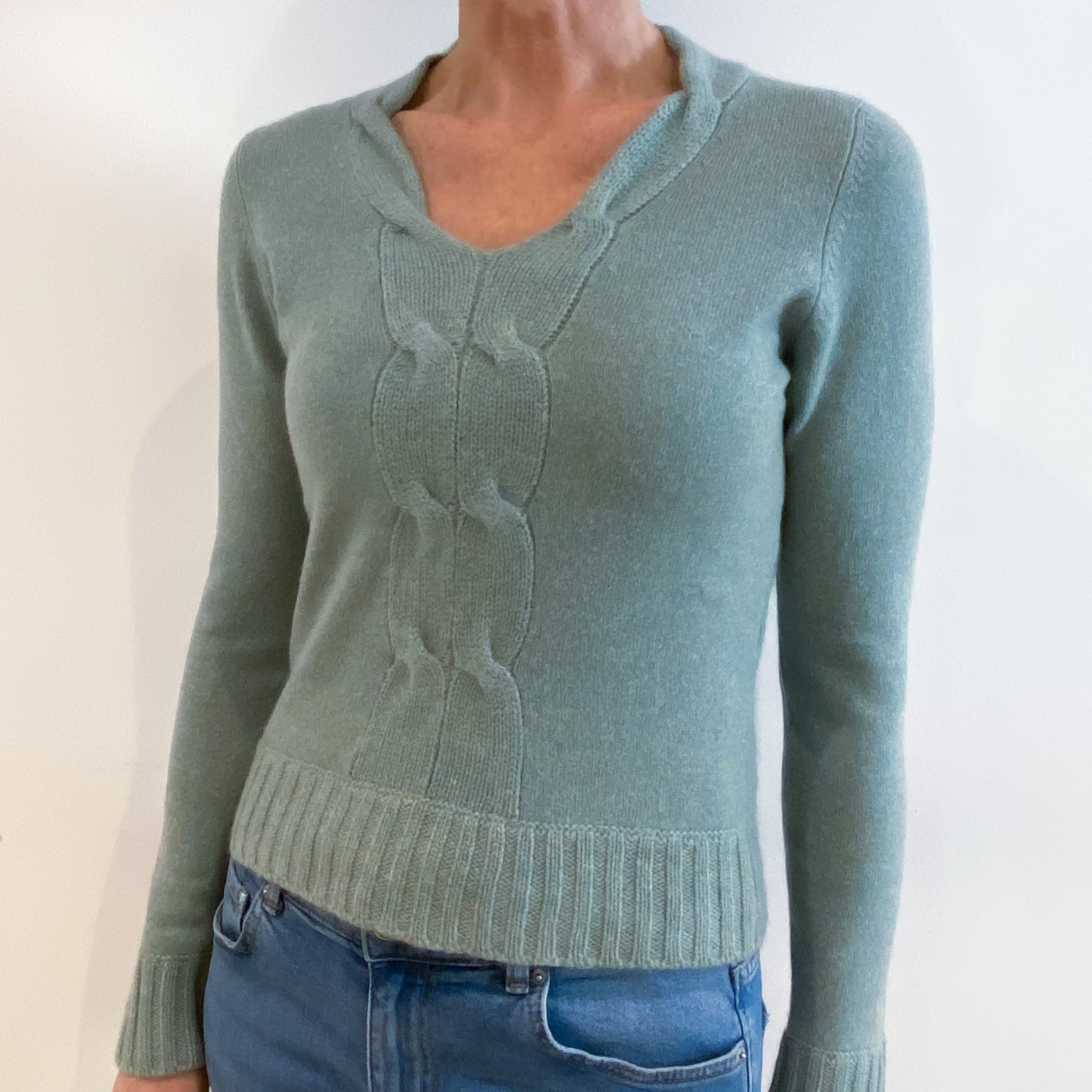 Light Sea Foam Green Cashmere V Neck Jumper Small