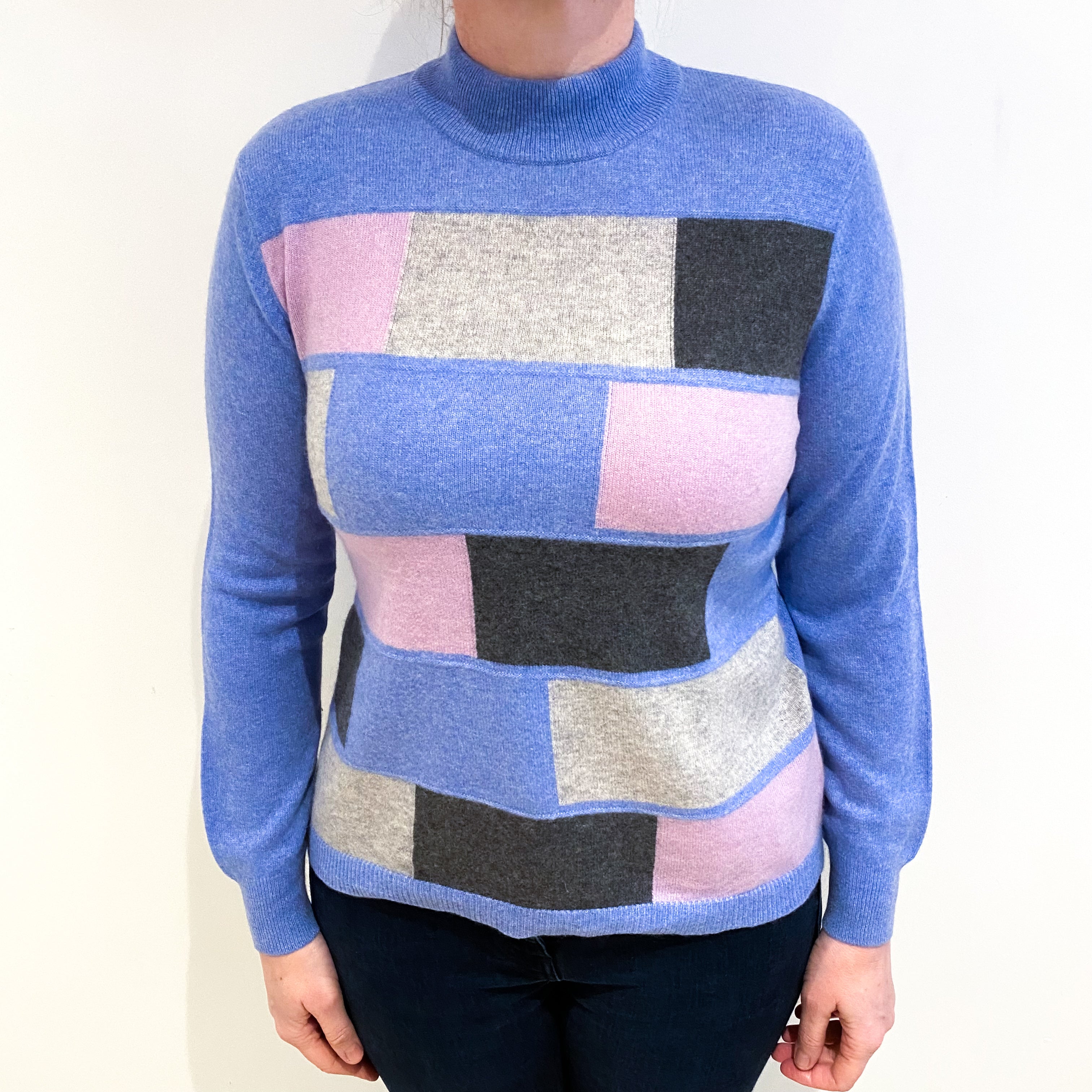 Blue And Lilac Colour Block Cashmere Turtle Neck Jumper Large