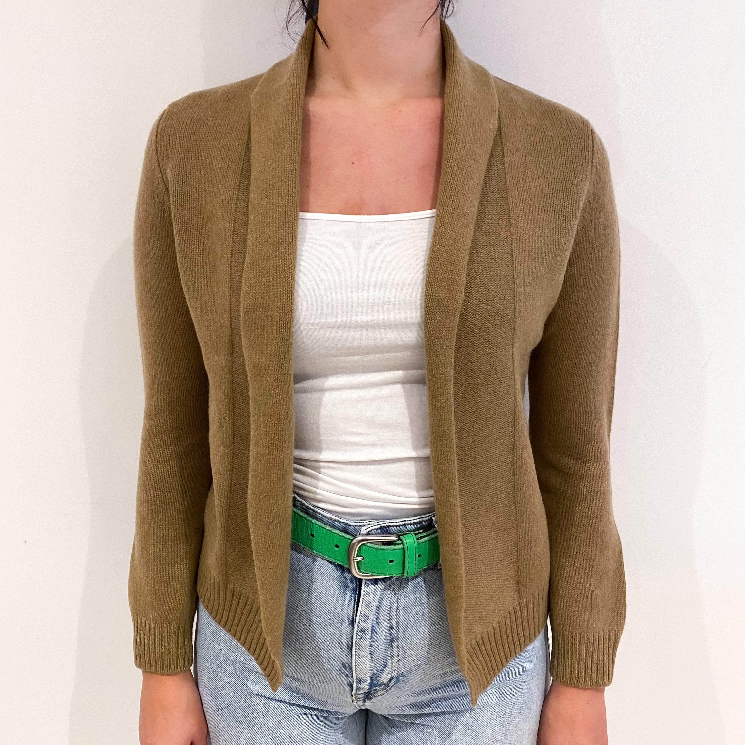 Camel Brown Cashmere Edge to Edge Shawl Collar Cardigan Small