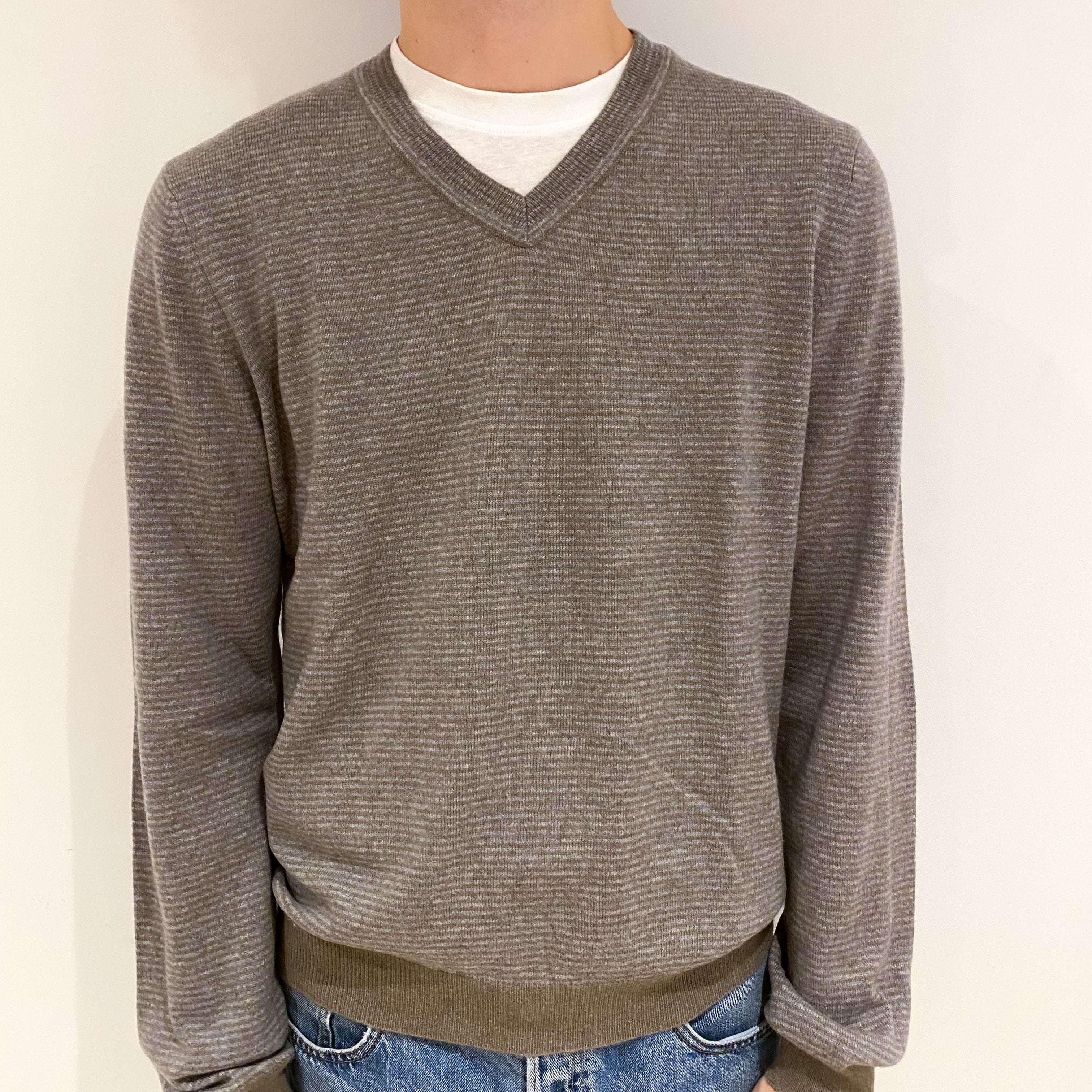 Men's Mocha Brown Stripe Cashmere V Neck Jumper Large