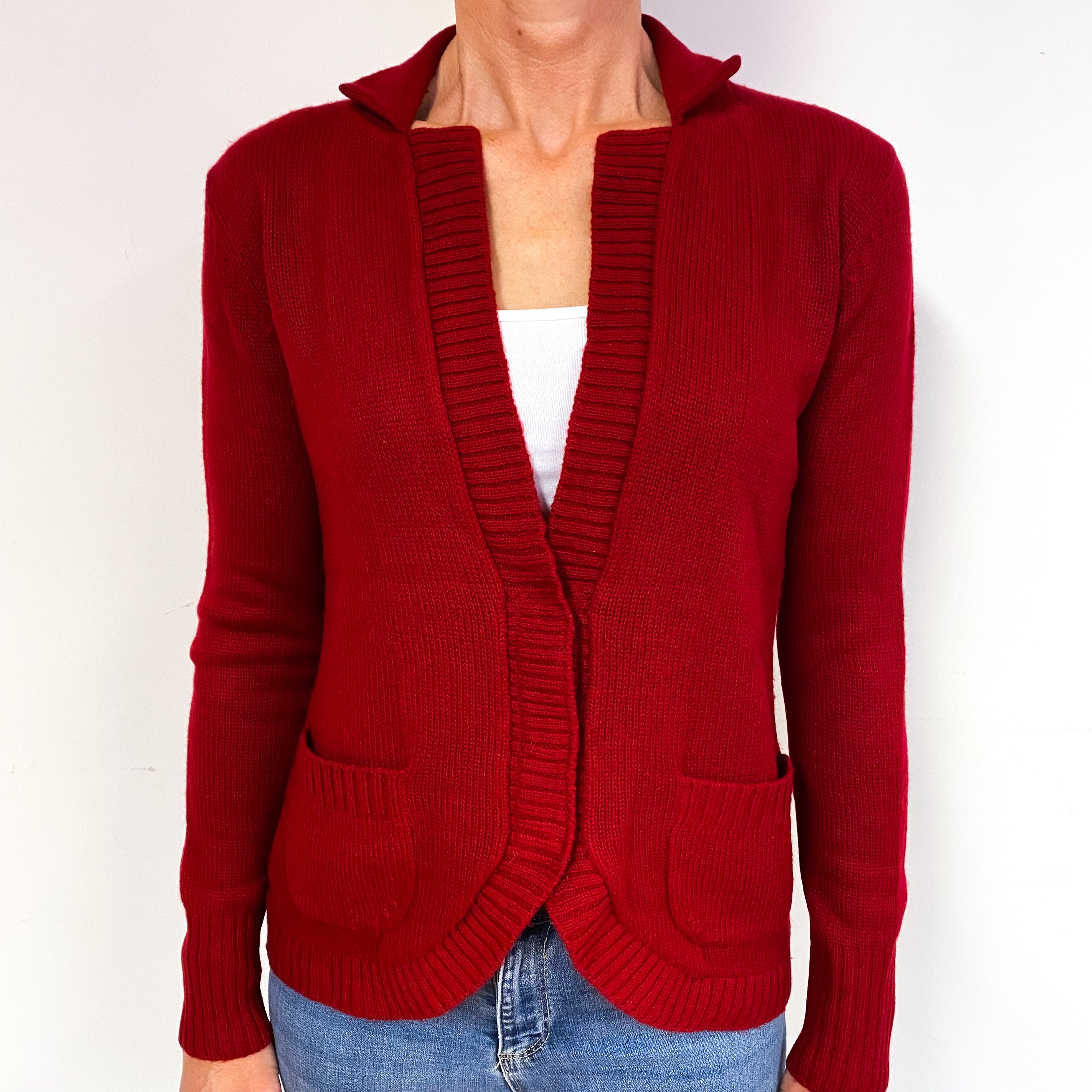 Garnet Red Cashmere Collared Cardigan with Pockets Medium
